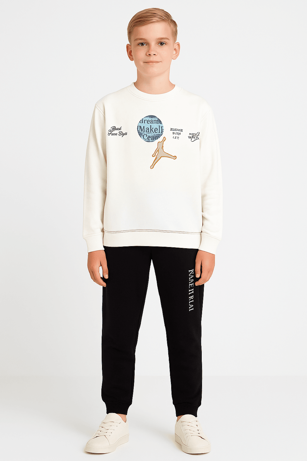 9-14 Yaş Erkek Çocuk Sweatshirt ve Eşofman Altı Takım - Beyaz Siyah
