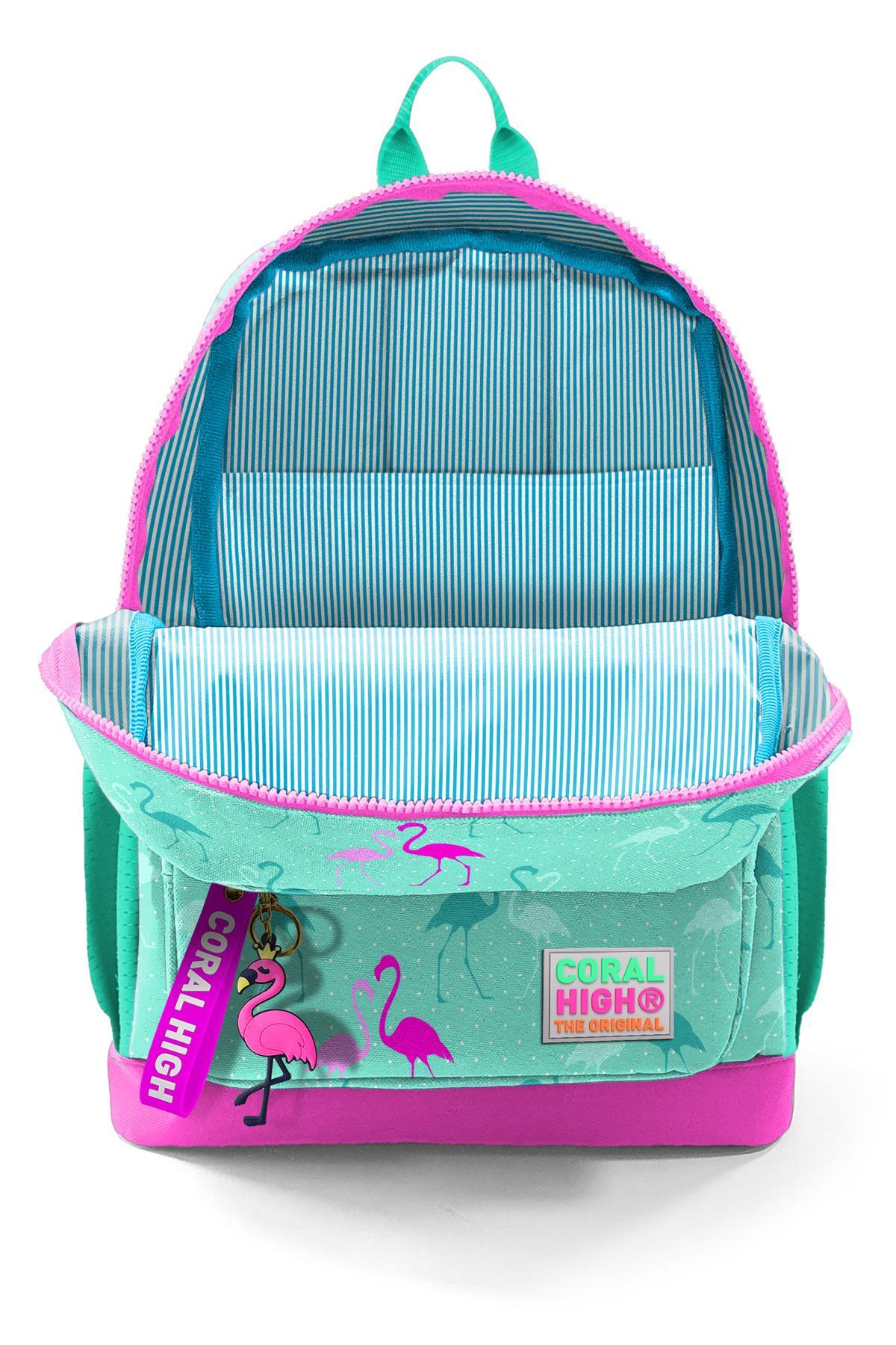 Coral High Kids Su Yeşili Neon Pembe Flamingo Desenli Dört Bölmeli Okul Sırt Çantası