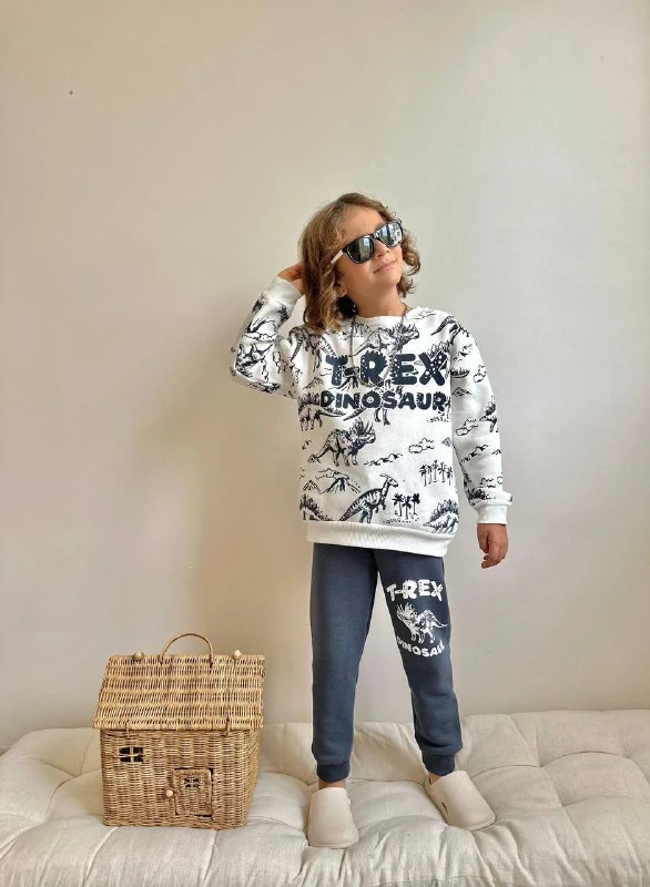 3-10 Yaş Erkek Çocuk T-Rex Dinosaur Baskılı 3 İplik Şardonlu Eşofman Takımı