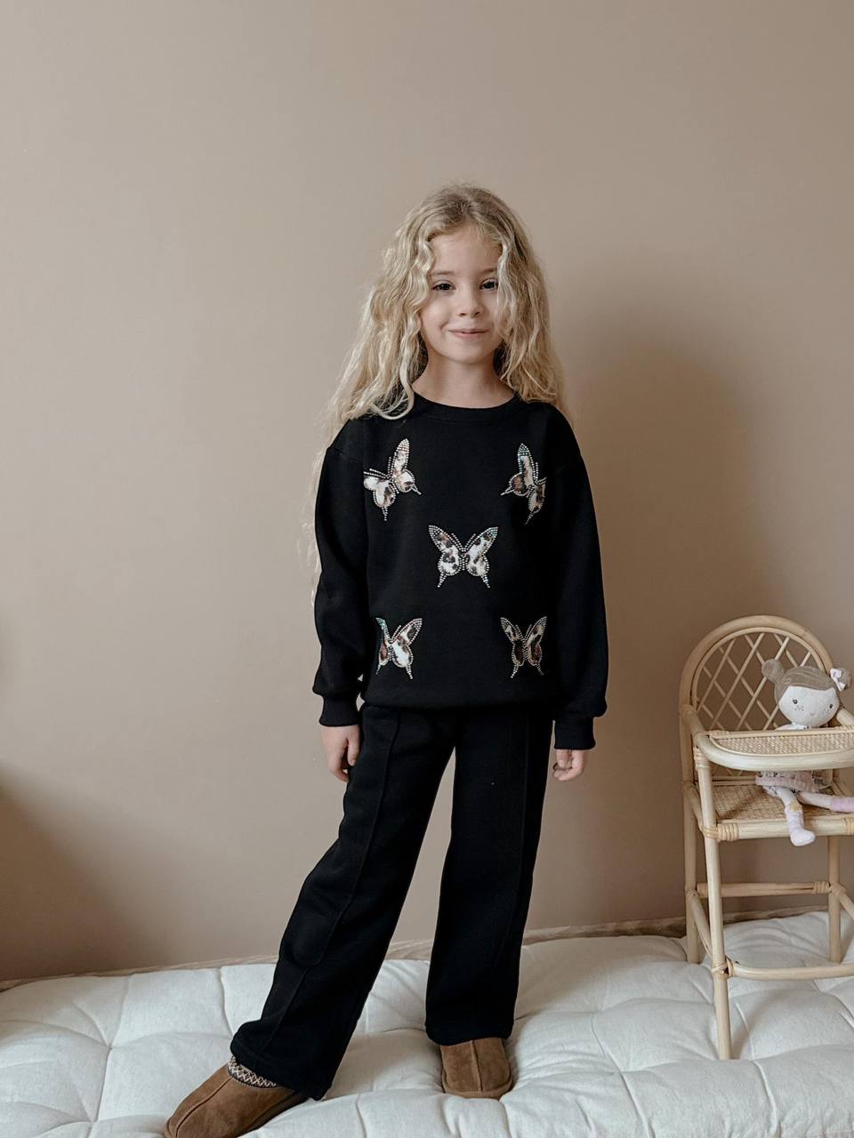 3-10 Yaş Kız Çocuk Kelebekli 3 İplik Şardonlu Eşofman Takımı