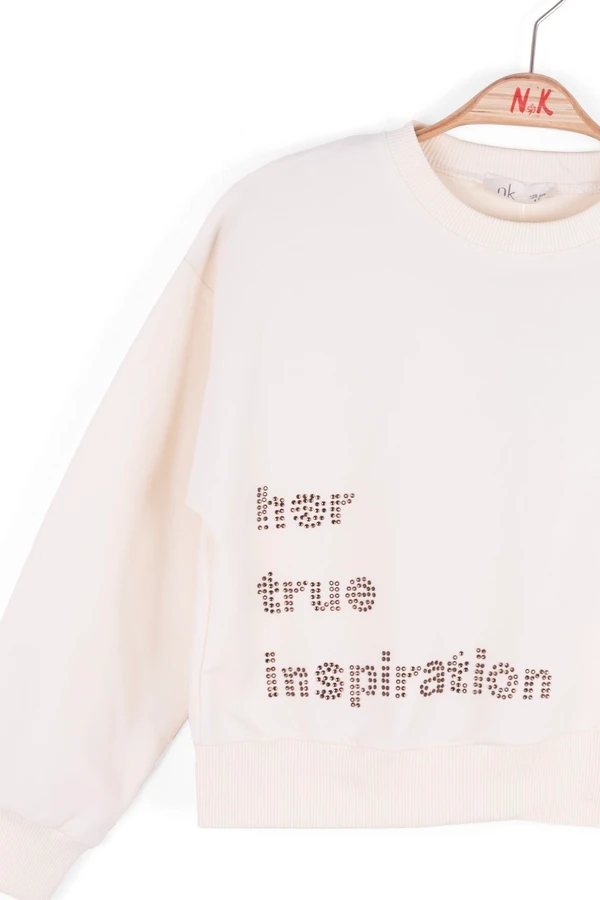8-14 Yaş Kız Çocuk “Her True Inspiration” Baskılı Beyaz Sweatshirt ve Siyah Eşofman Takım