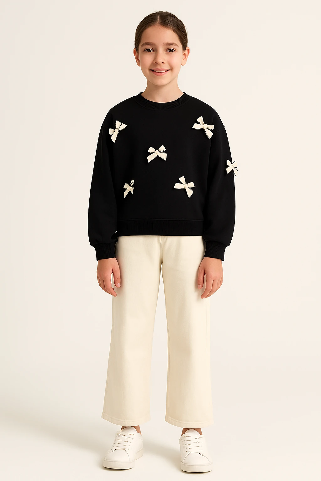 8-14 Yaş Kız Çocuk Fiyonk Detaylı Siyah Sweatshirt ve Krem Pantolon Takım