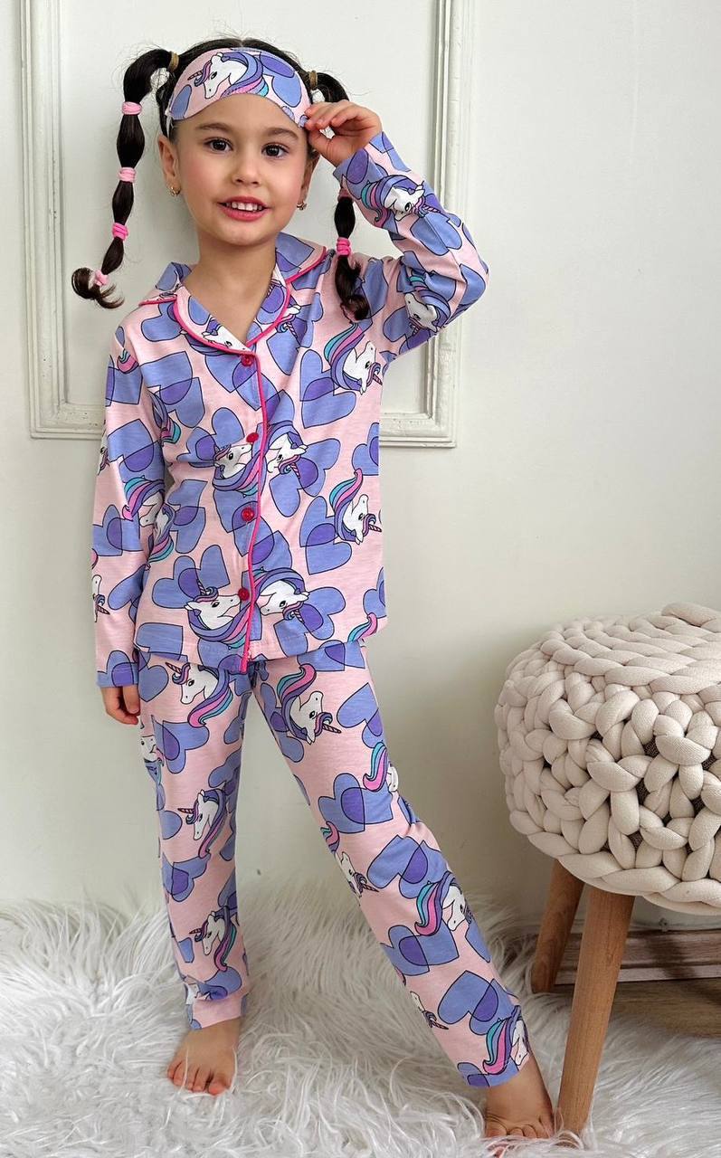 4-12 Yaş Kız Çocuk Unicorn Desenli Pembe Göz Bantlı Uzun Kollu Pijama Takımı