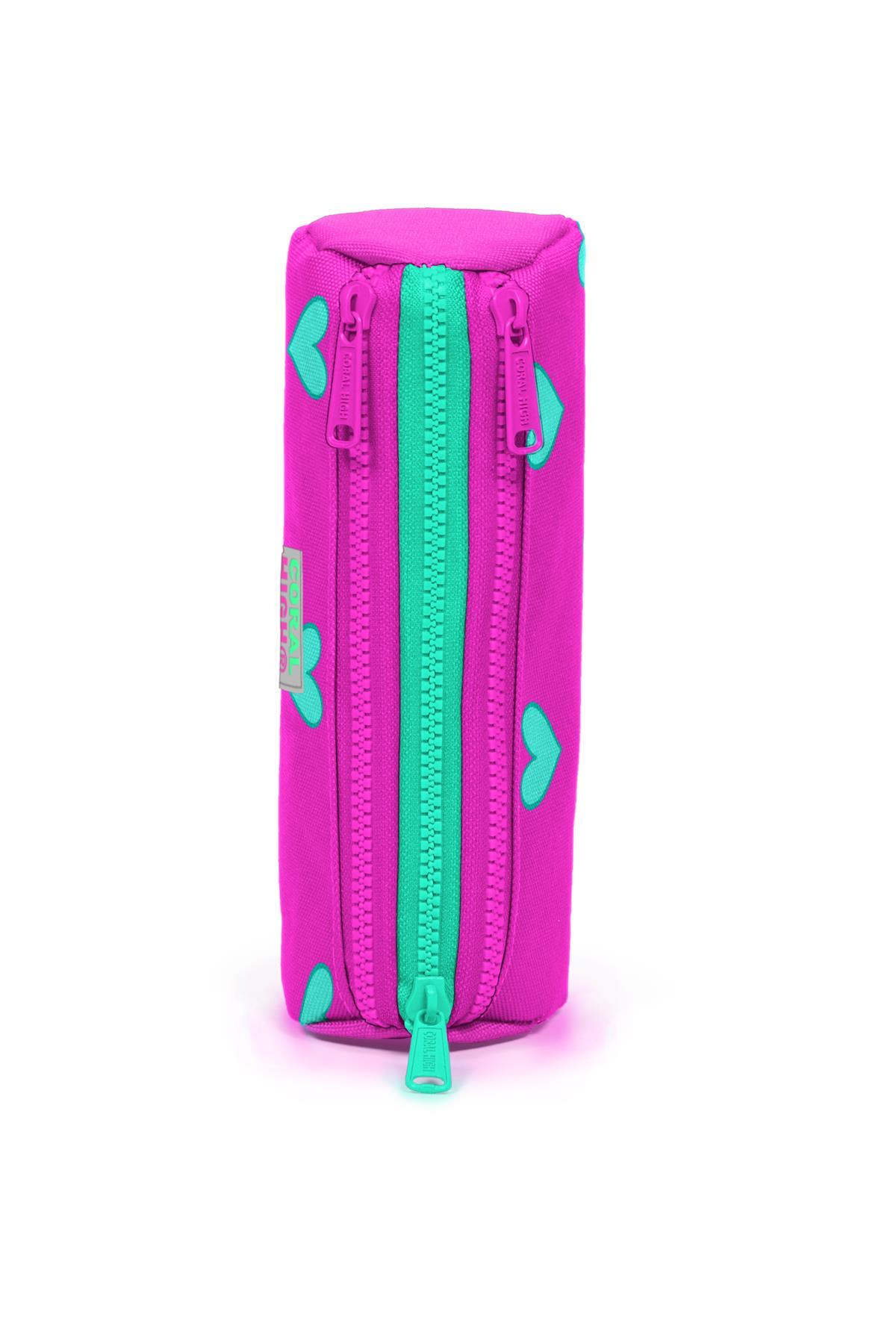 Coral High Kids Neon Pembe Su Yeşili Kalp Desenli Üç Bölmeli Kalem Çantası