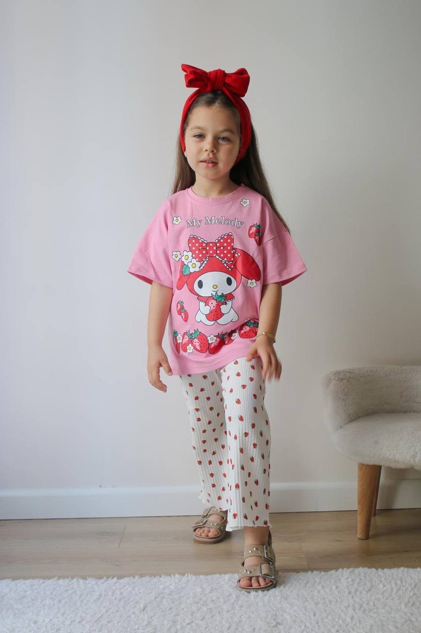 3-10 YAŞ KIZ ÇOCUK MY MELODY ÇİLEK DESEN TAYTLI TAKIM