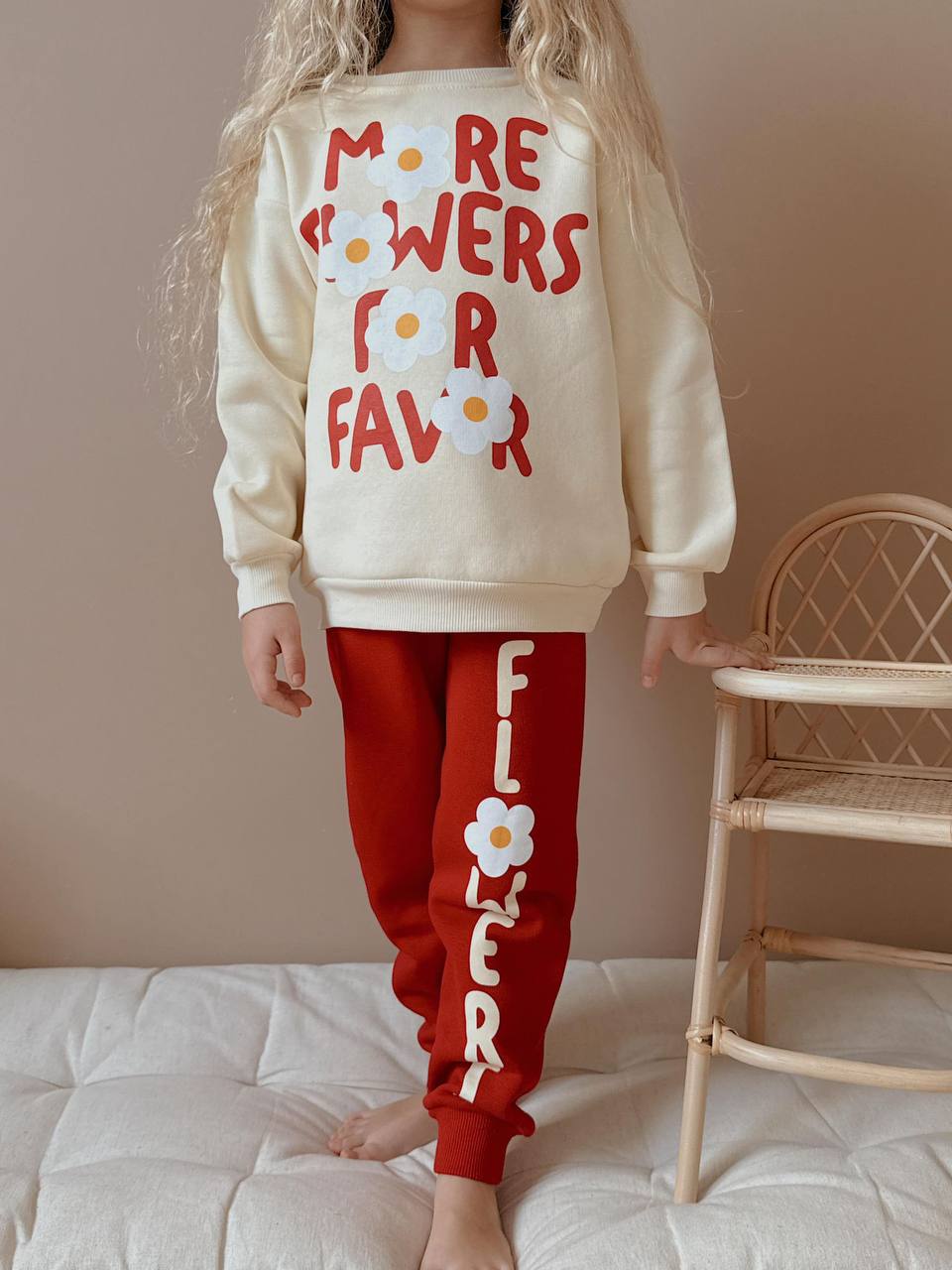 3-10 Yaş Kız Çocuk Flower Baskılı 3 İplik Şardonlu Eşofman Takımı