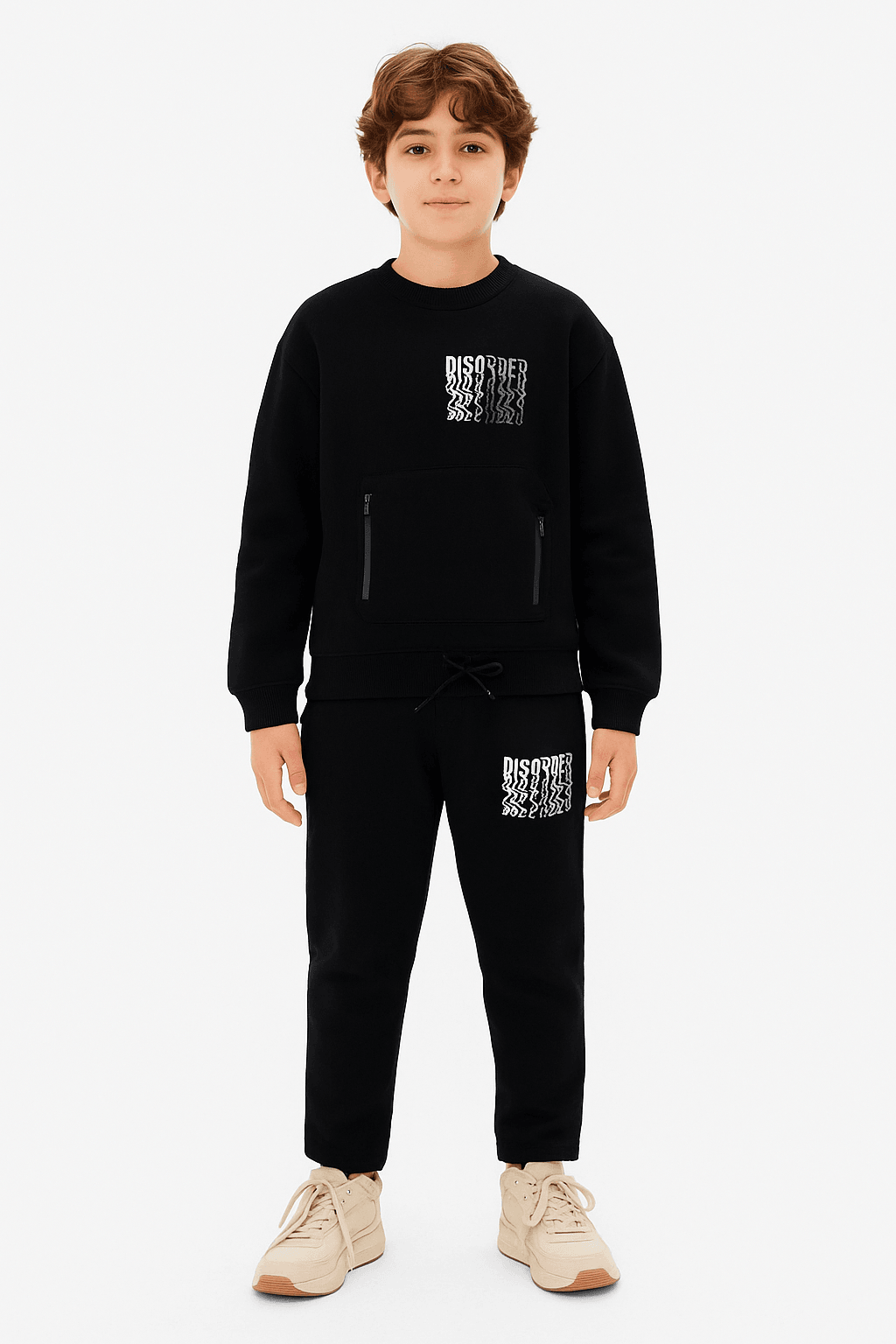 8-14 Yaş Erkek Çocuk Disorder Baskılı Siyah Sweatshirt ve Eşofman Altı Takım