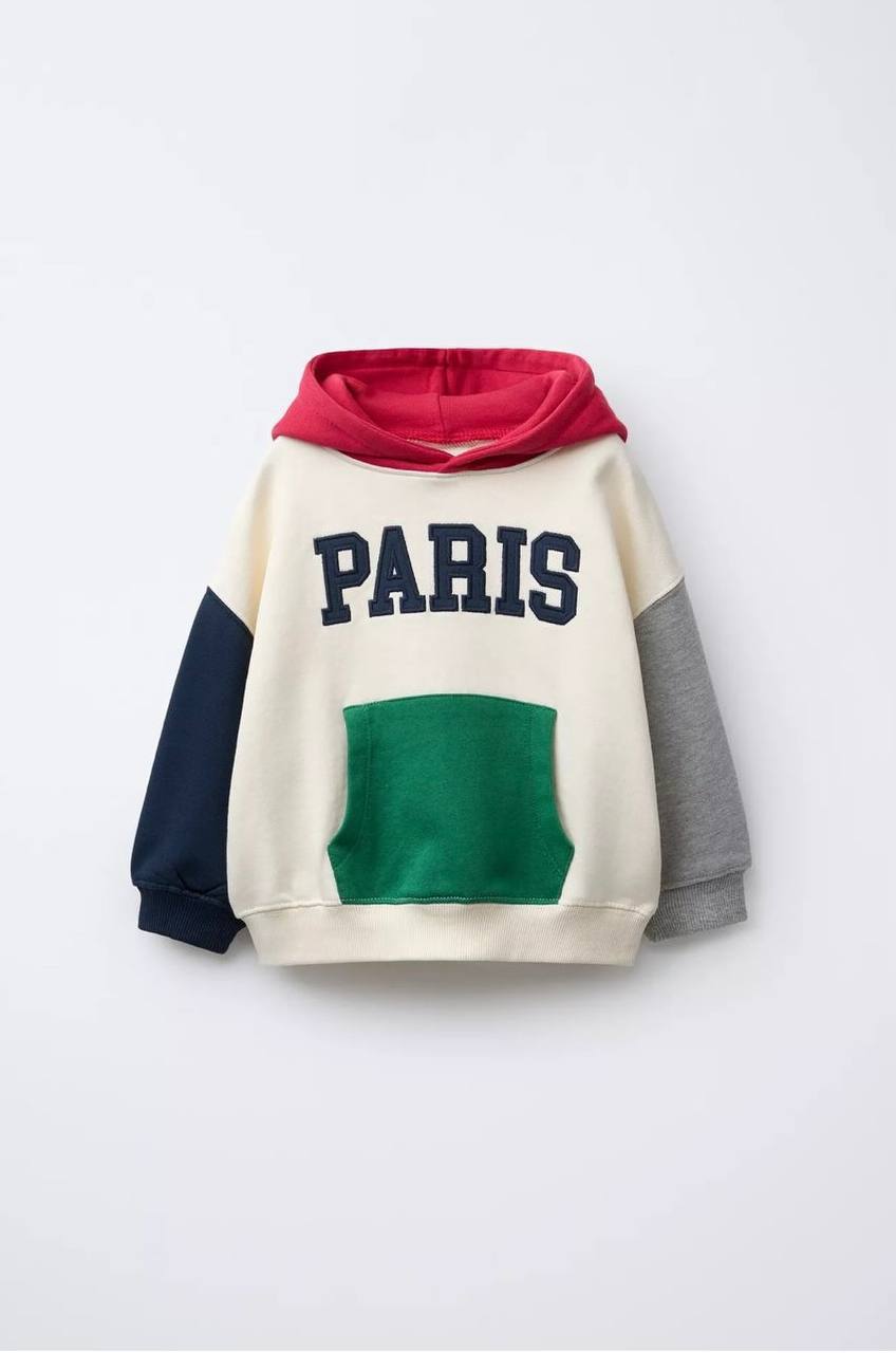 3-10 Yaş Erkek Çocuk Paris Baskılı Renk Bloklu Kapüşonlu Takım