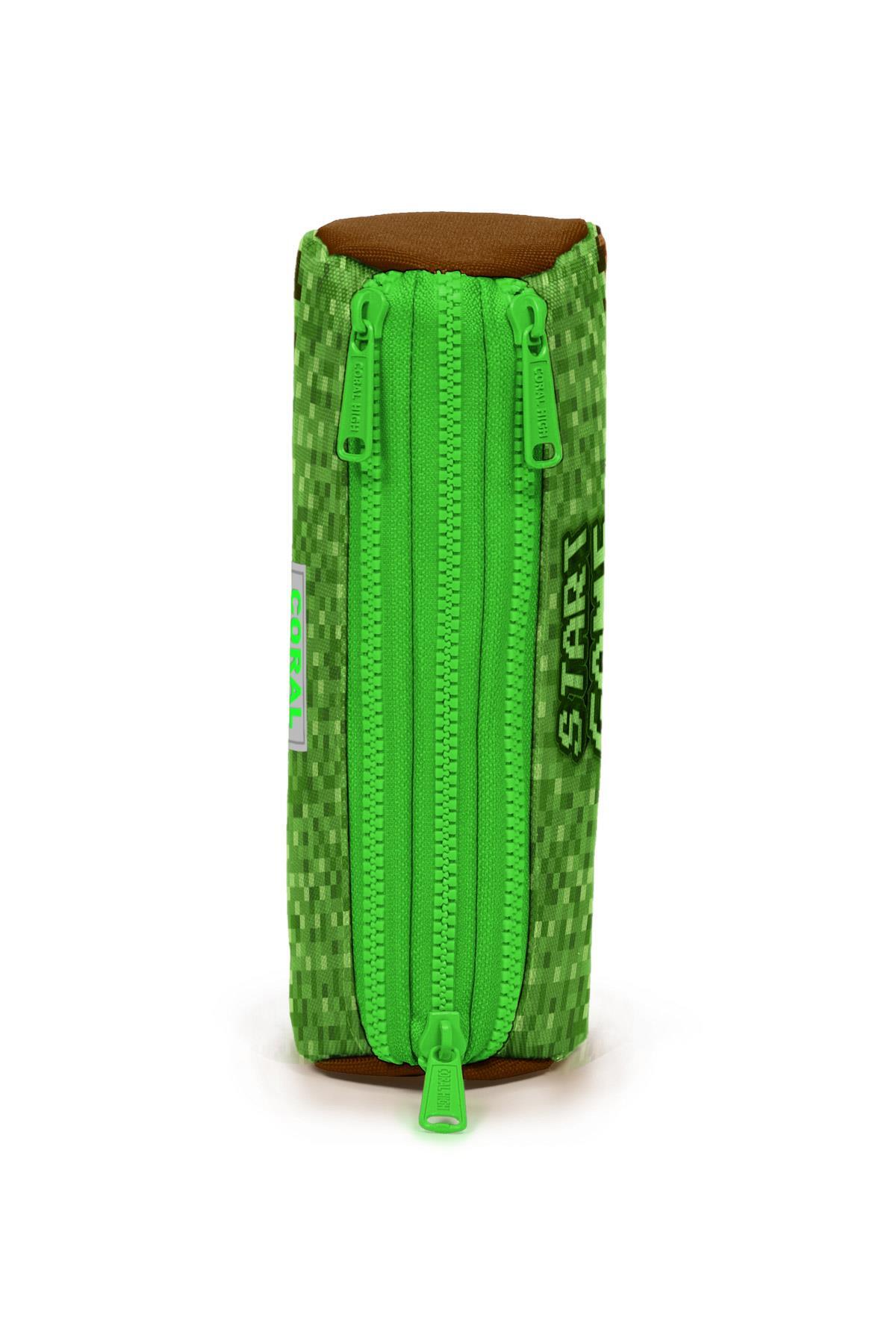 Coral High Kids Yeşil Kahverengi High Craft Desenli Üç Bölmeli Kalem Çantası