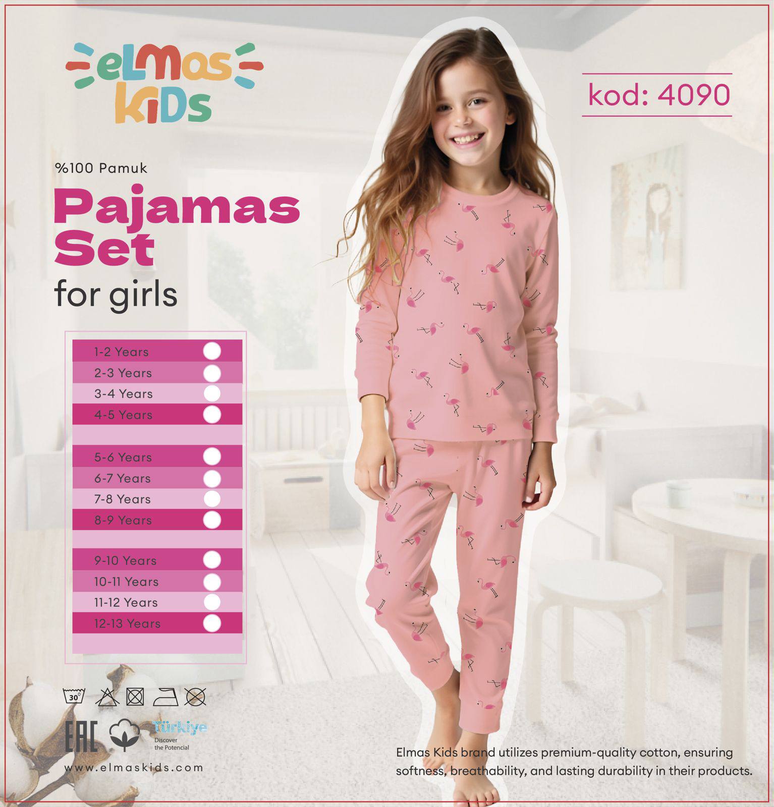 1-13 Yaş Kız Çocuk Flamingo Desenli %100 Pamuk Pijama Takımı