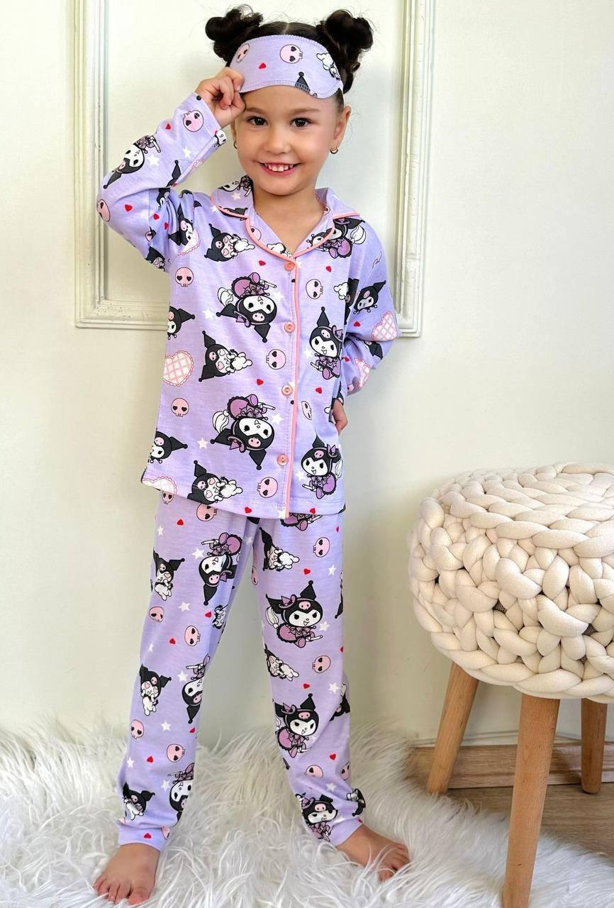 4-12 Yaş Kız Çocuk Kuromi Desenli Mor Göz Bantlı Uzun Kollu Pijama Takımı