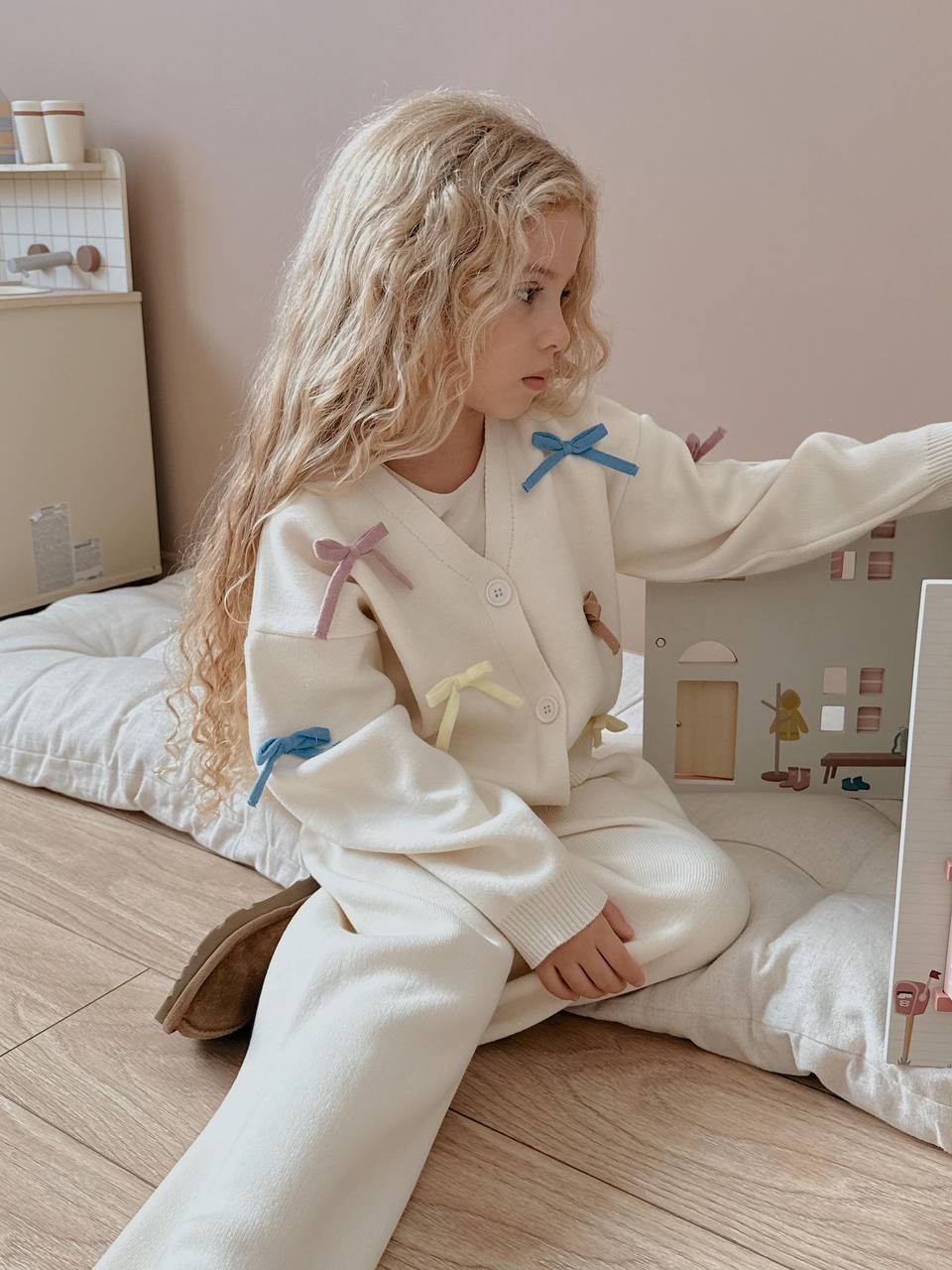 3-10 Yaş Kız Çocuk Renkli Kurdele Detaylı Triko İkili Takım