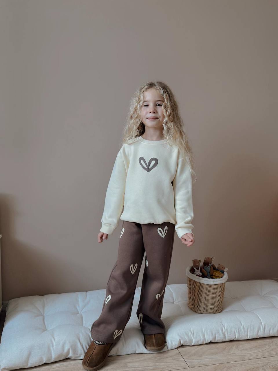 3-10 Yaş Kız Çocuk Kalp Baskılı 3-İp Şardonlu Eşofman Takımı