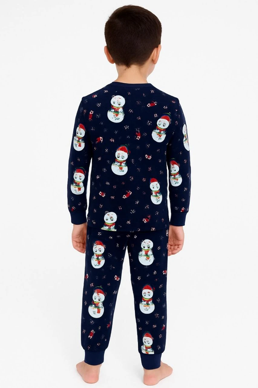 3-8 Yaş Unisex Kardan Adam Desenli Pamuklu Çocuk Pijama Takımı