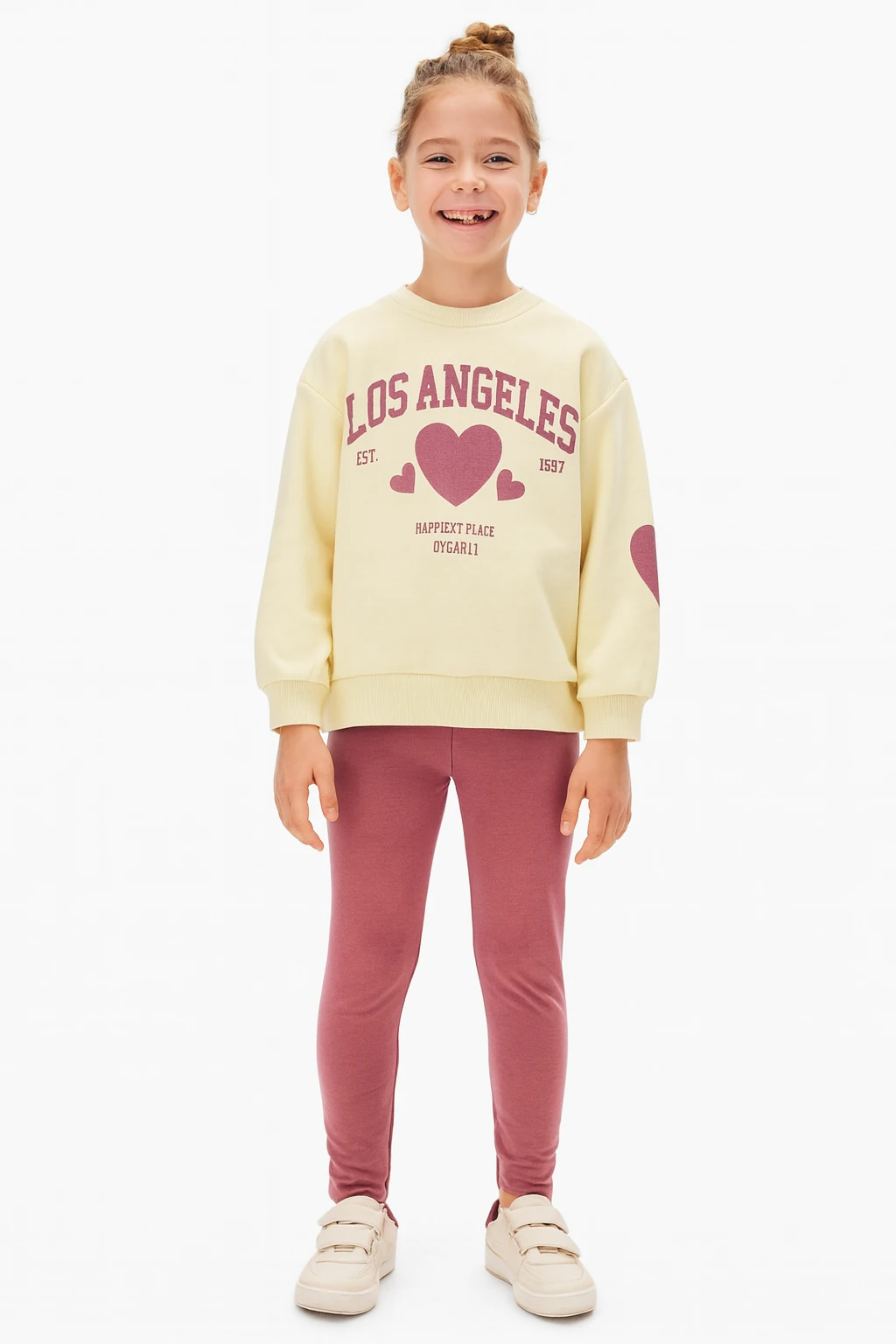 4-8 Yaş Kız Çocuk Los Angeles Baskılı Kalpli Krem Sweatshirt ve Gül Kurusu Tayt Takım