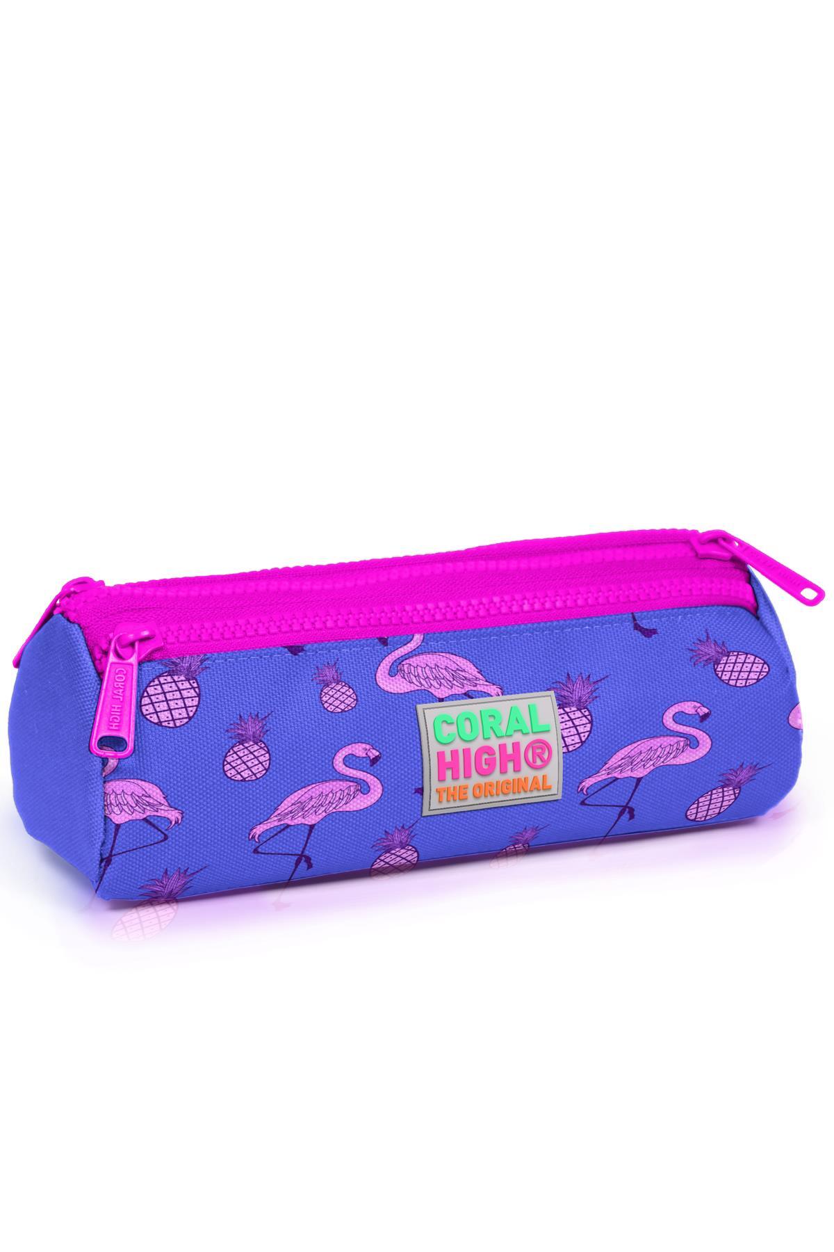 Coral High Kids Lavanta Pembe Flamingo Desenli Üç Bölmeli Kalem Çantası