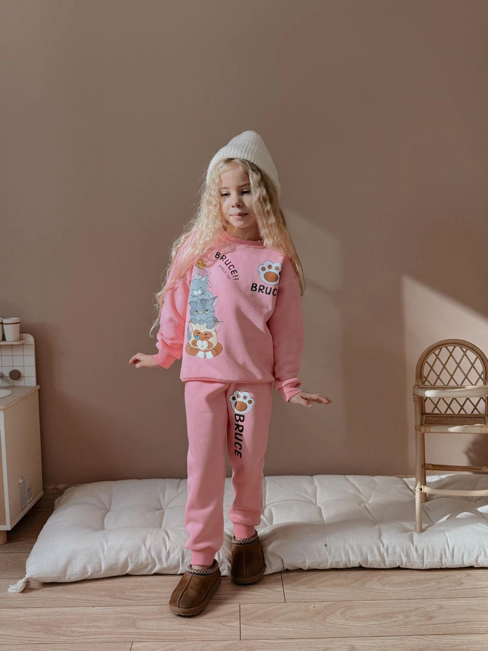 3-10 Yaş Kız Çocuk Bruce Kedili 3 İplik Şardonlu Eşofman Takımı