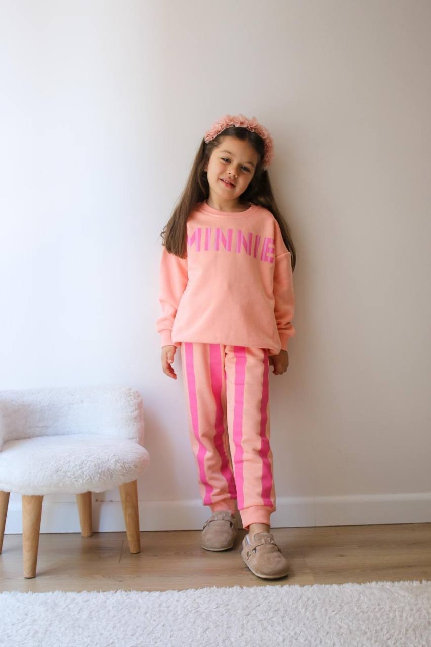 3-10 Yaş Kız Çocuk Minnie Mouse Çiçek Desenli Çizgili Pembe Eşofman Takımı