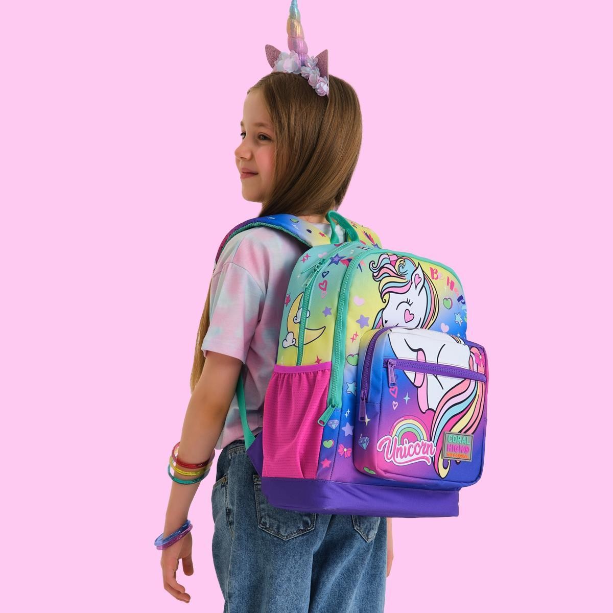 Coral High Kids Lavanta Su Yeşili Unicorn Desenli Dört Bölmeli Okul Sırt Çantası