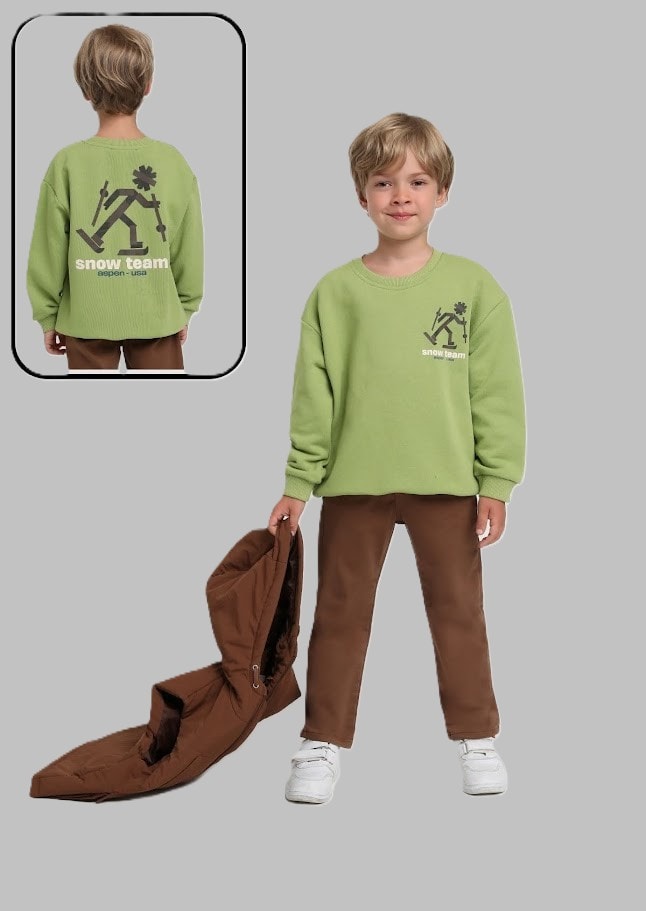1-5 Yaş Erkek Çocuk Yeşil Snow Team Sweatshirt ve Kahverengi Pantolon Takım