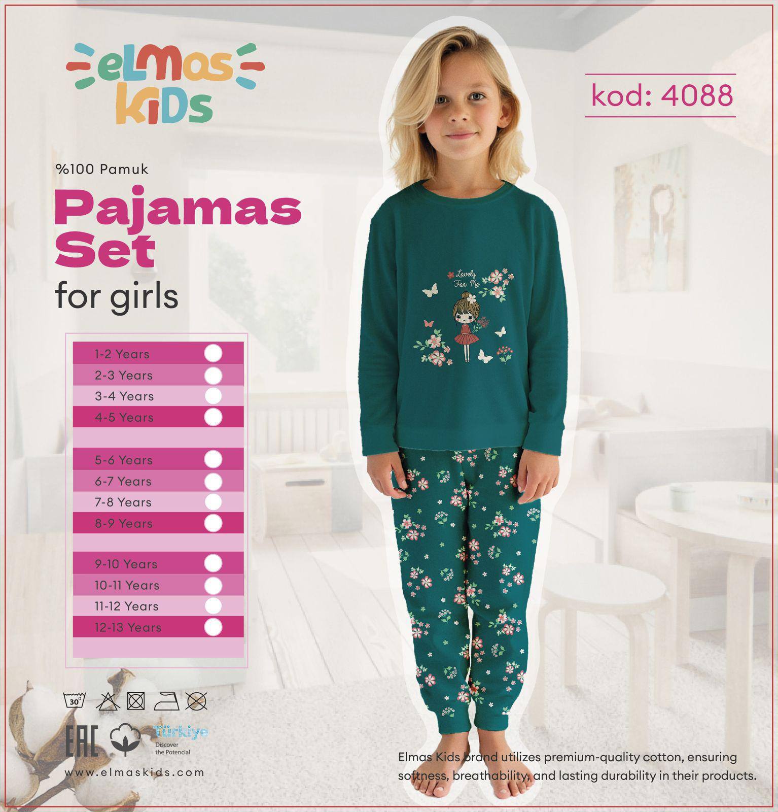 1-13 Yaş Kız Çocuk Çiçek Desenli Kız Figür Baskılı %100 Pamuk Pijama Takımı