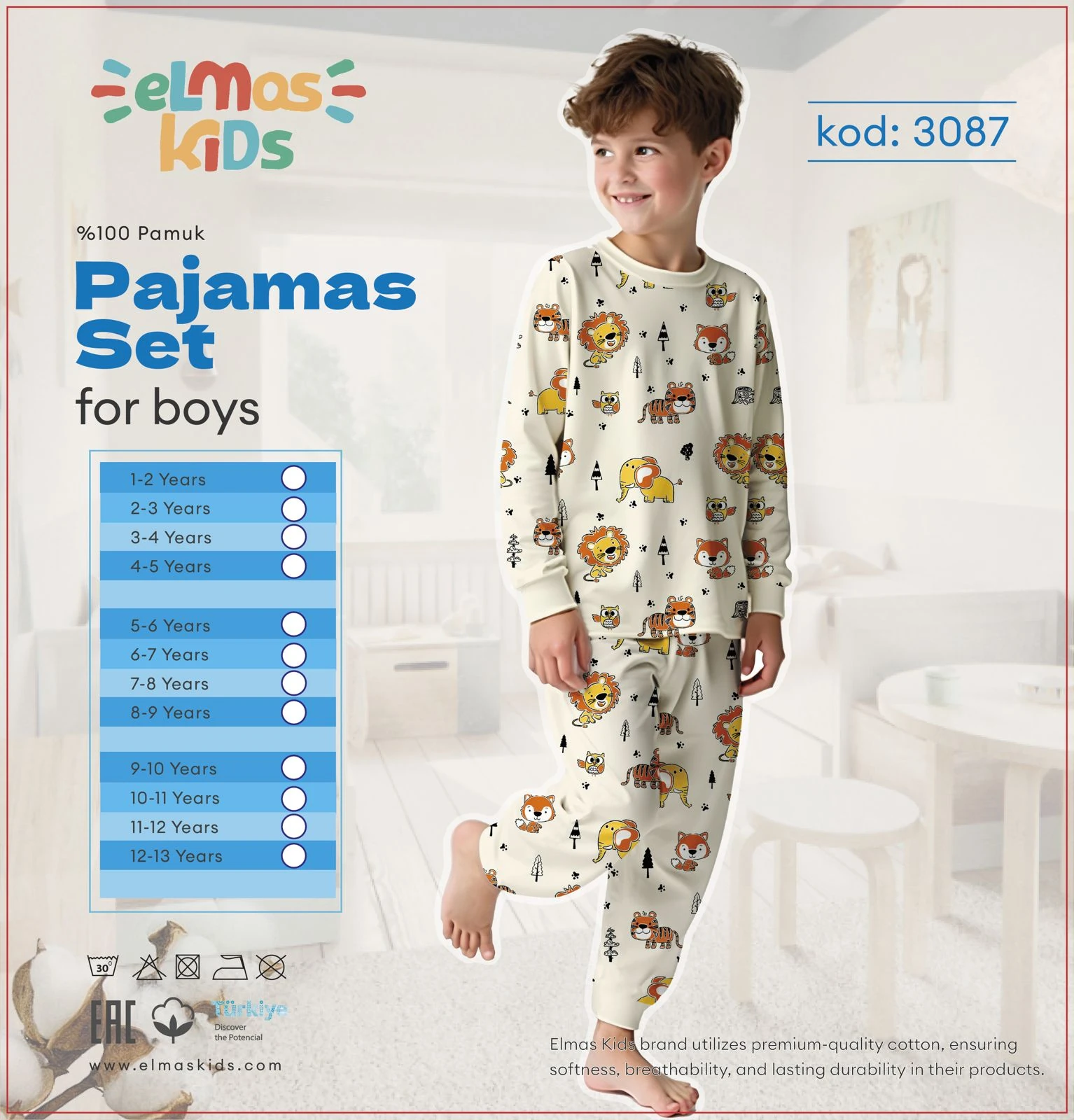 1-13 Yaş Erkek Çocuk Hayvan Desenli %100 Pamuk Pijama Takımı