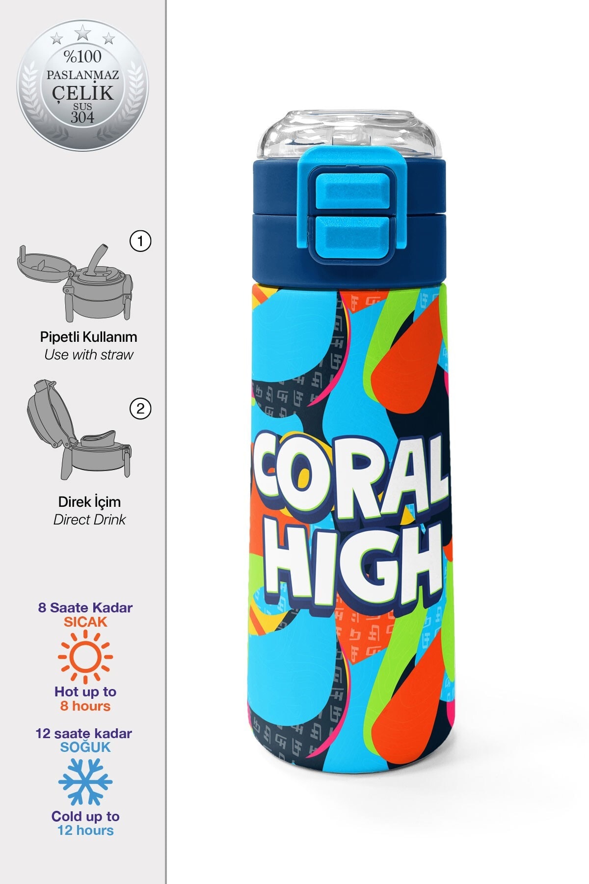 Coral High Kids Grafiti Desenli Pipetli ve Direkt İçim Çelik Termos 500 ml