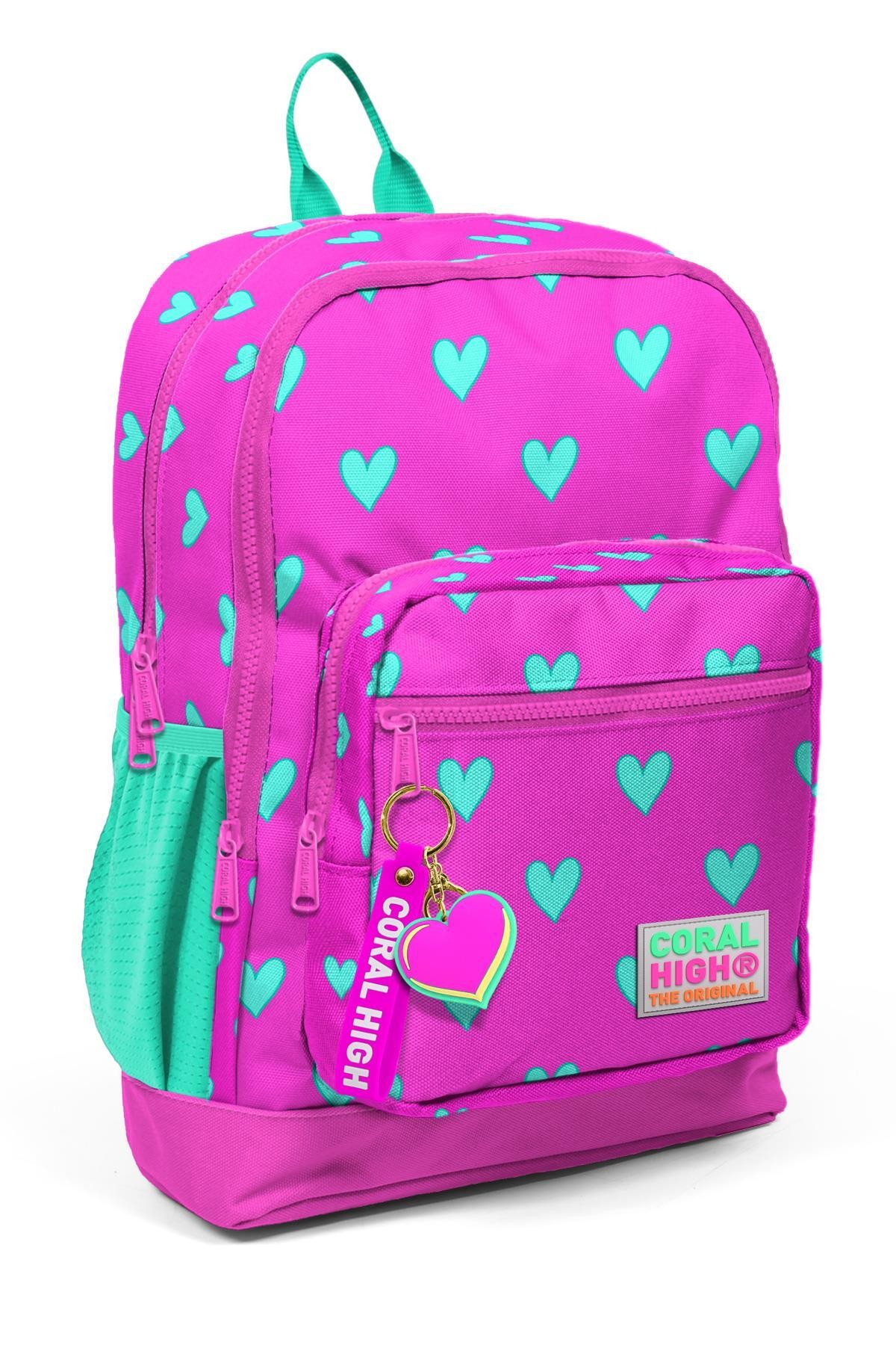 Coral High Kids Neon Pembe Su Yeşili Kalp Desenli Dört Bölmeli Okul Sırt Çantası