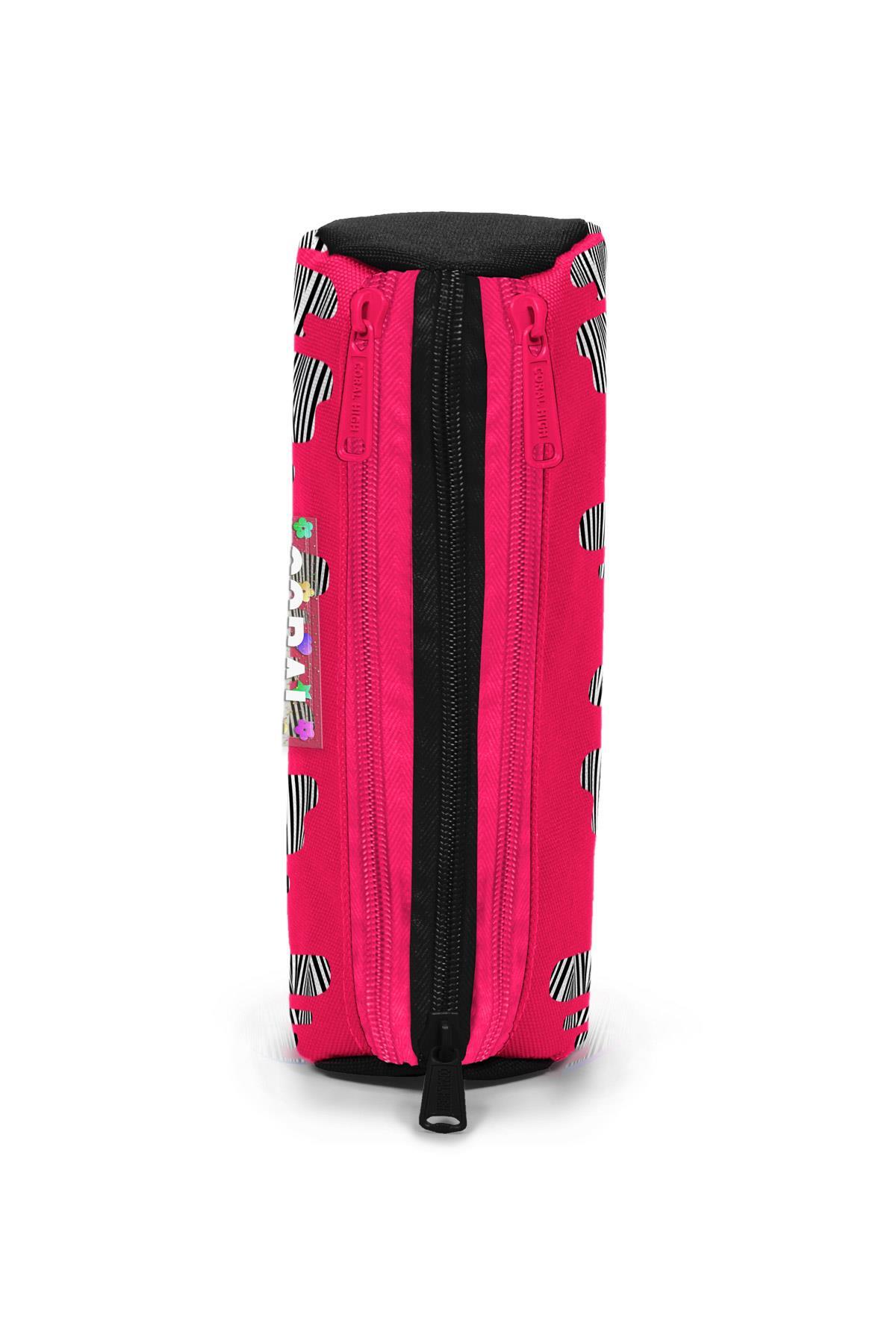 Coral High Kids Pembe Siyah Beyaz Desenli Üç Bölmeli Kalem Çantası