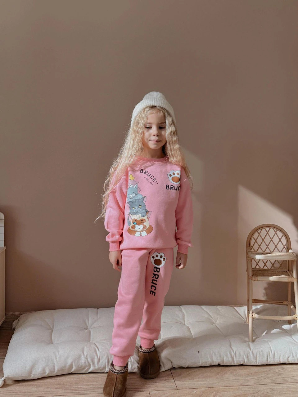 3-10 Yaş Kız Çocuk Bruce Kedili 3 İplik Şardonlu Eşofman Takımı