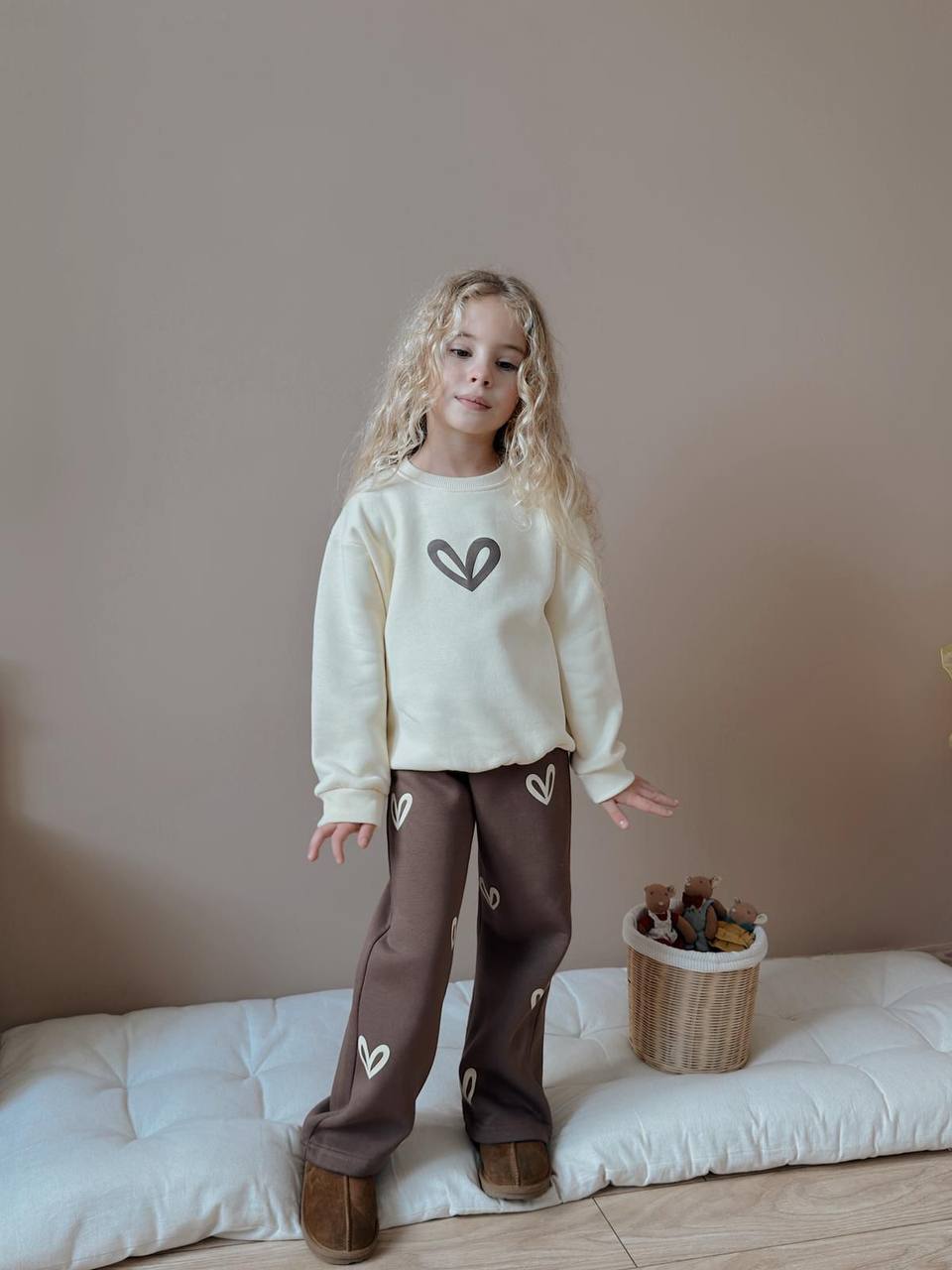 3-10 Yaş Kız Çocuk Kalp Baskılı 3-İp Şardonlu Eşofman Takımı