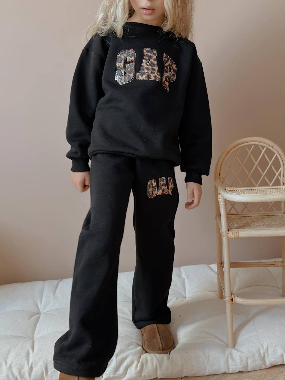 3-10 Yaş Kız Çocuk GAP Leopar Detaylı 3 İplik Şardonlu Eşofman Takımı