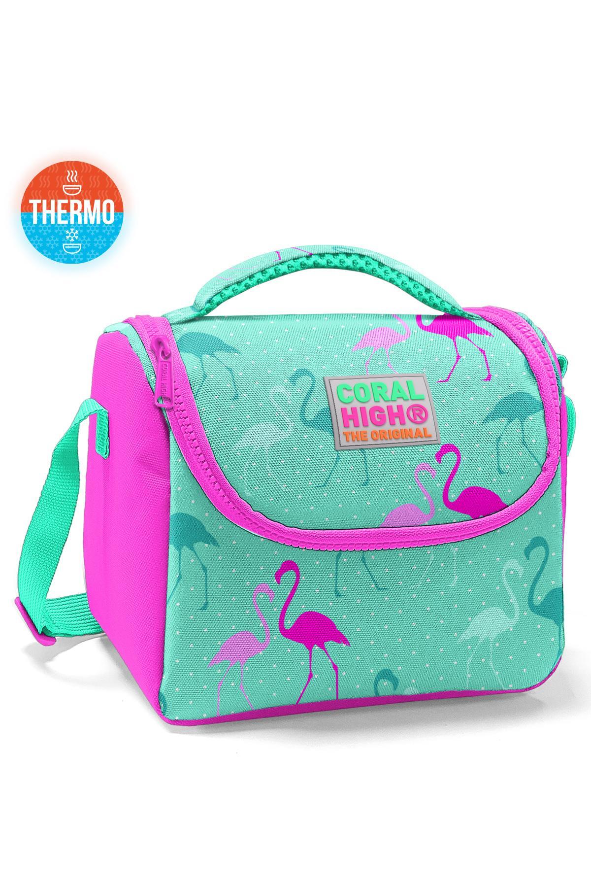 Coral High Kids Su Yeşili Neon Pembe Flamingo Desenli Thermo Beslenme Çantası 