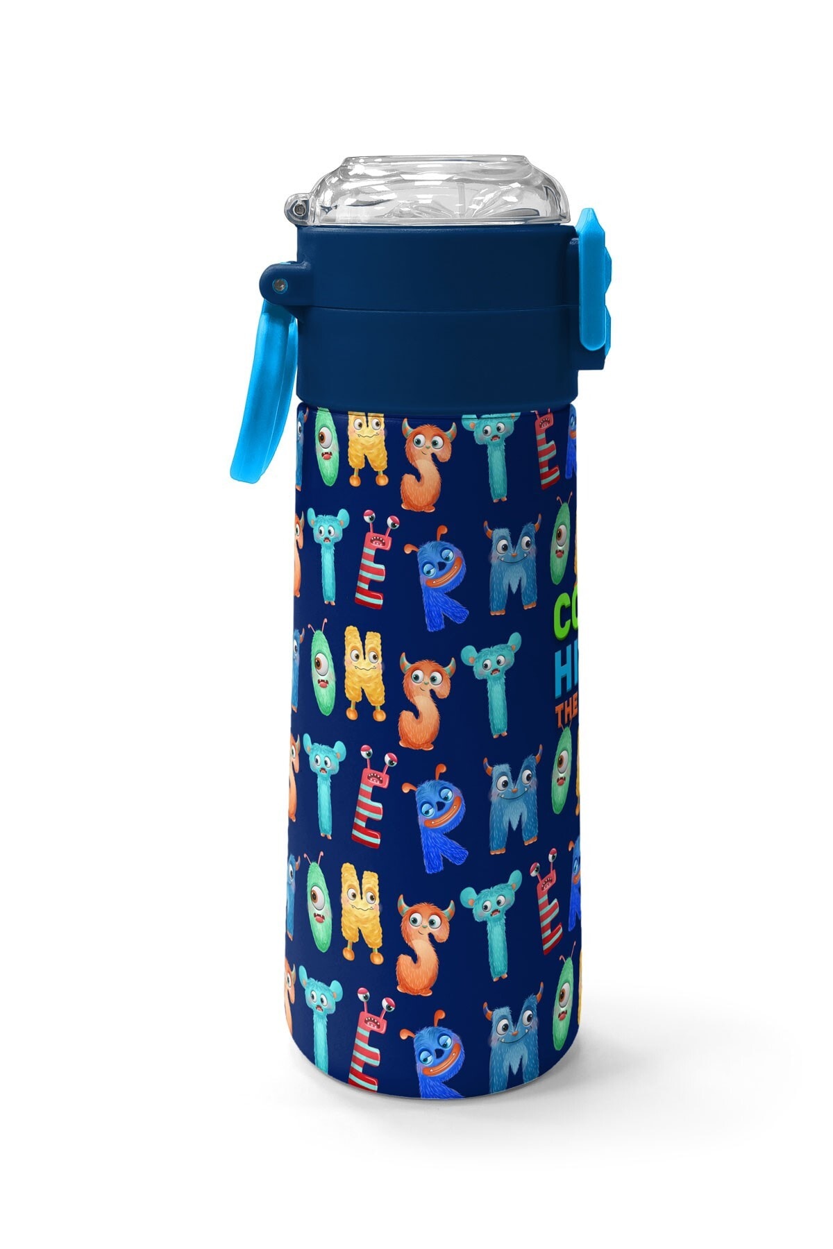 Coral High Kids Lacivert Neon Sarı Desenli Pipetli ve Direkt İçim Çelik Termos 500 ml