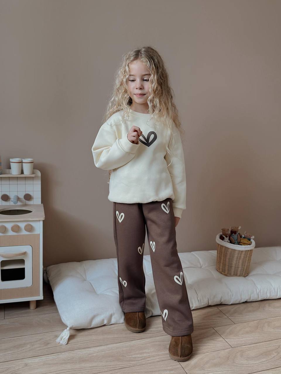 3-10 Yaş Kız Çocuk Kalp Baskılı 3-İp Şardonlu Eşofman Takımı