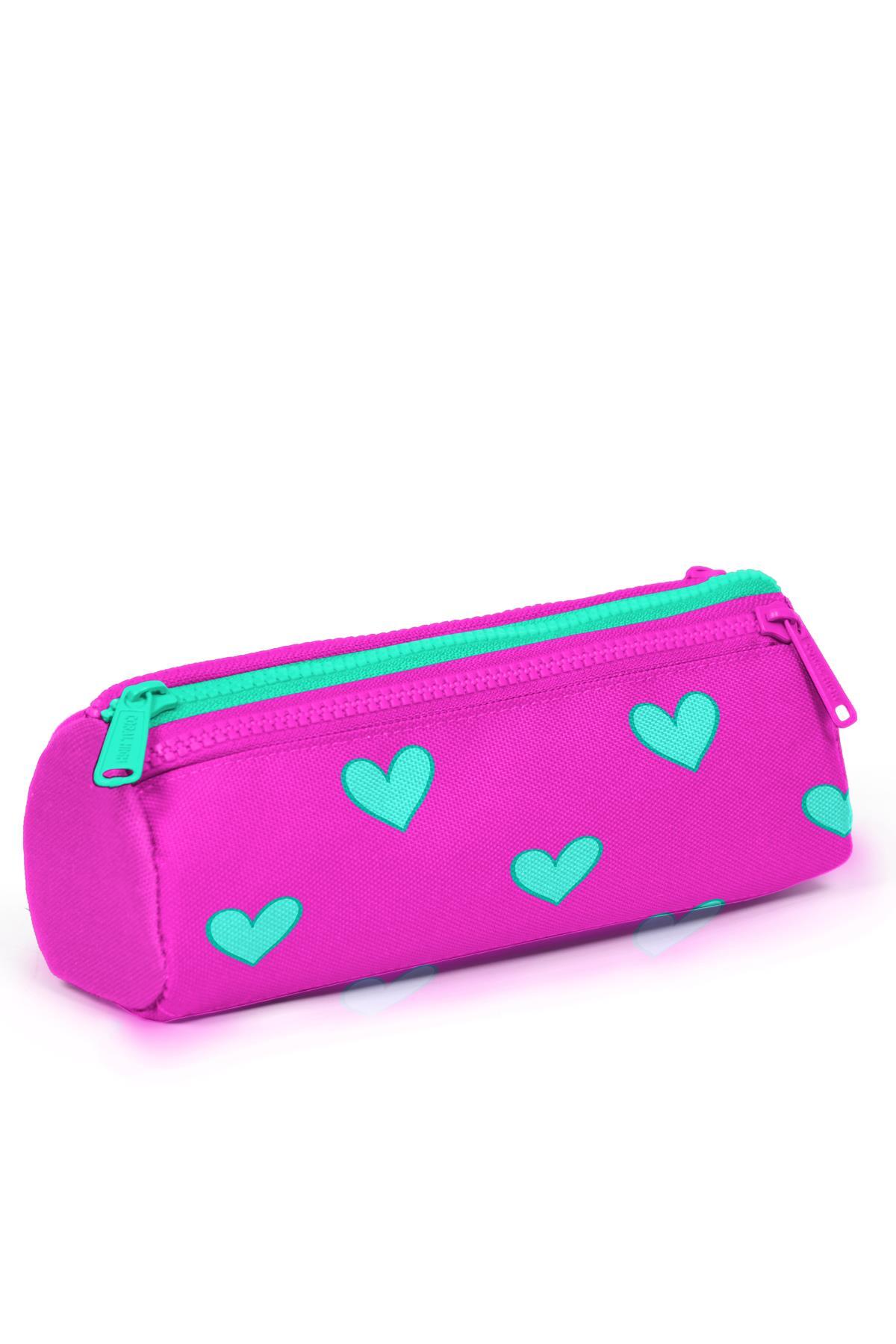 Coral High Kids Neon Pembe Su Yeşili Kalp Desenli Üç Bölmeli Kalem Çantası