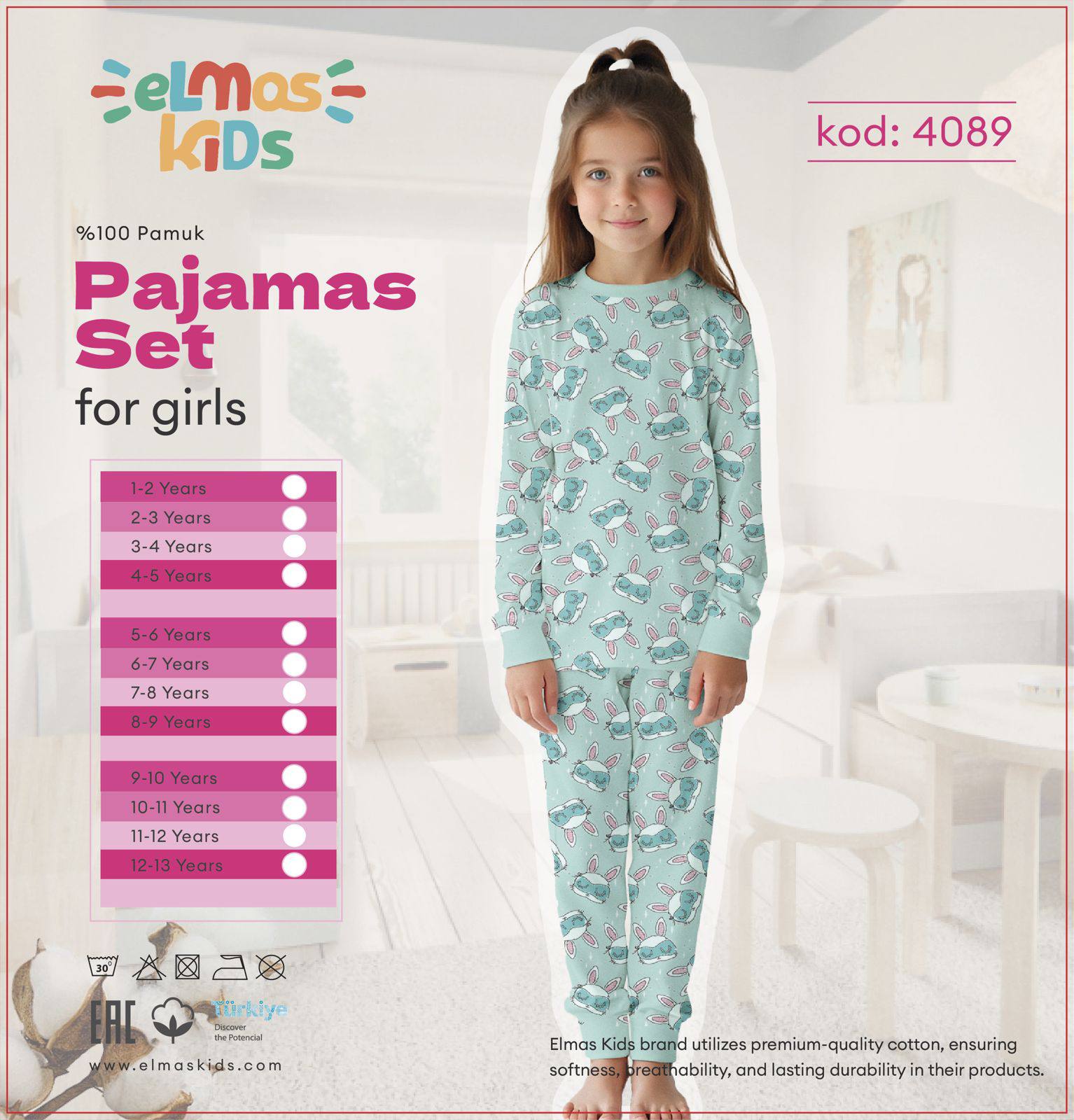 1-13 Yaş Kız Çocuk Tavşan Desenli %100 Pamuk Pijama Takımı