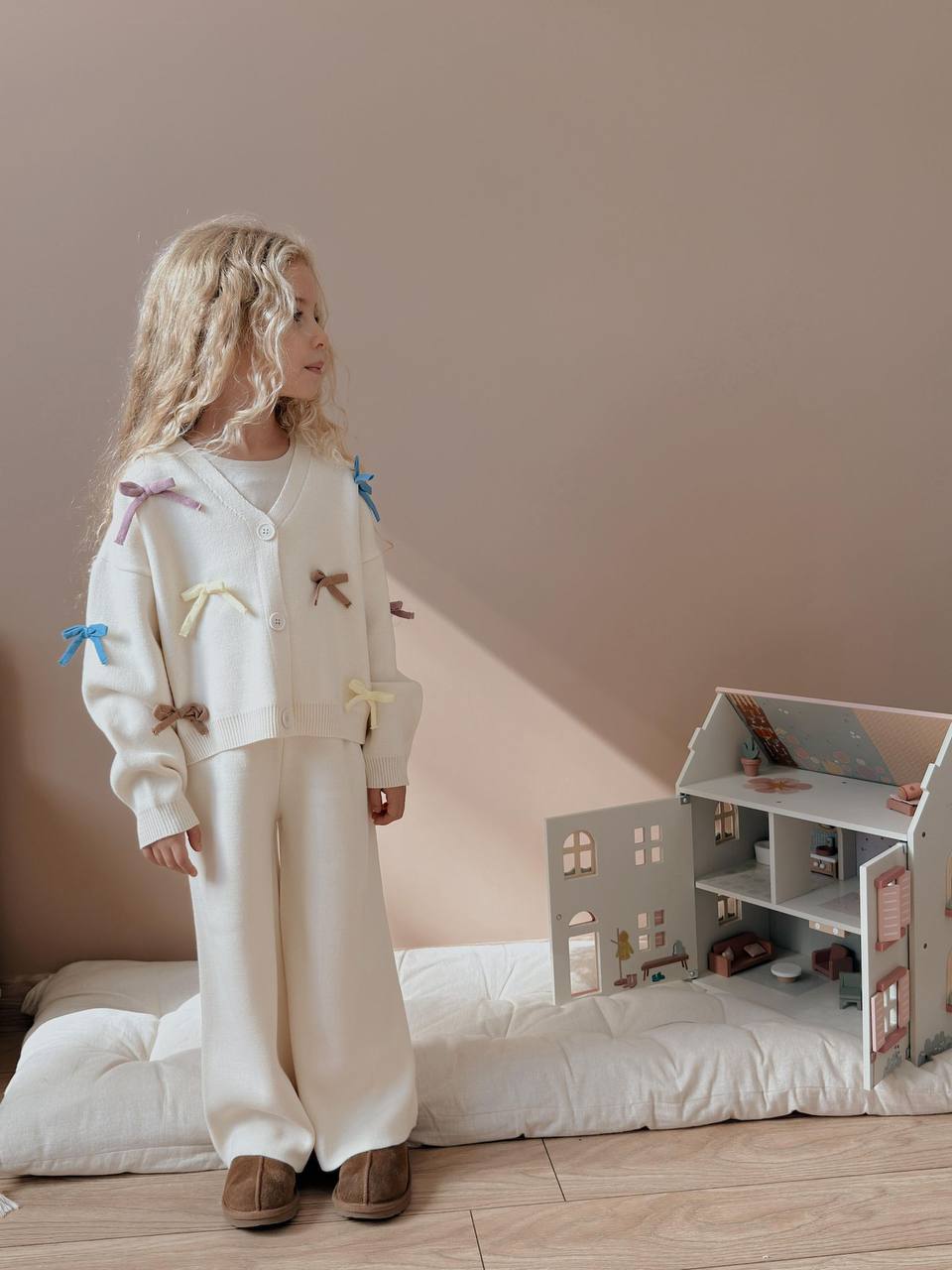 3-10 Yaş Kız Çocuk Renkli Kurdele Detaylı Triko İkili Takım