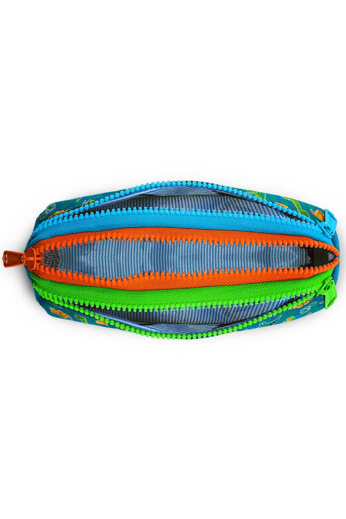 Coral High Kids Mavi Yeşil Dinozor Desenli Üç Bölmeli Kalem Çantası 