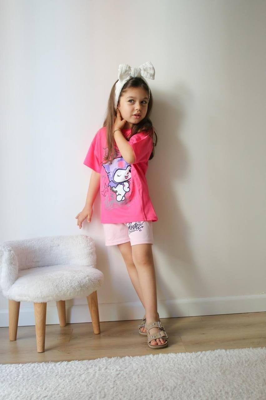 3-10 YAŞ KIZ ÇOCUK KUROMİ PEMBE RENK ŞORT TAKIM