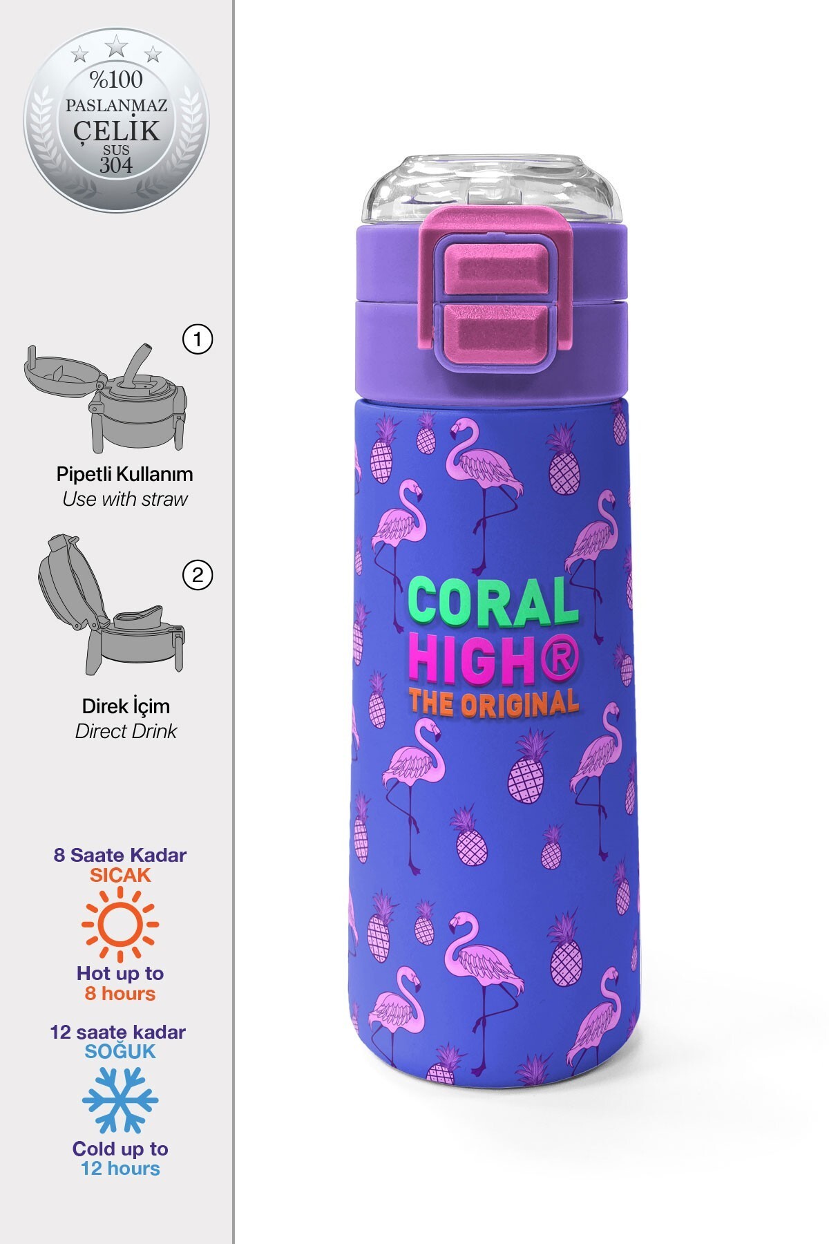 Coral High Kids Lavanta Pembe Flamingo Desenli Pipetli ve Direkt İçim Çelik Termos 500 ml