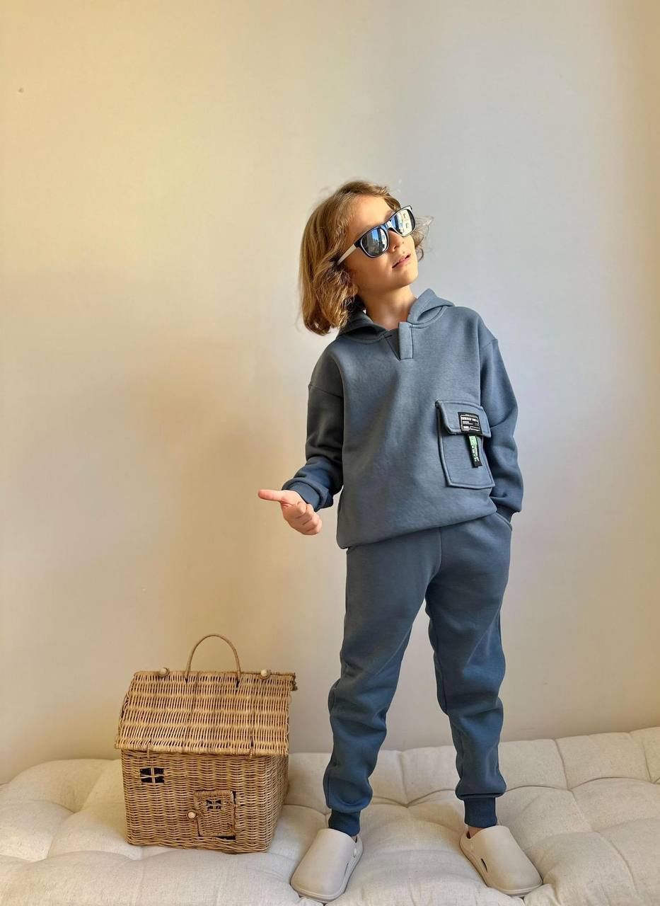 3-10 Yaş Erkek Çocuk Kapak Cepli 3 İplik Şardonlu Kapüşonlu Takım