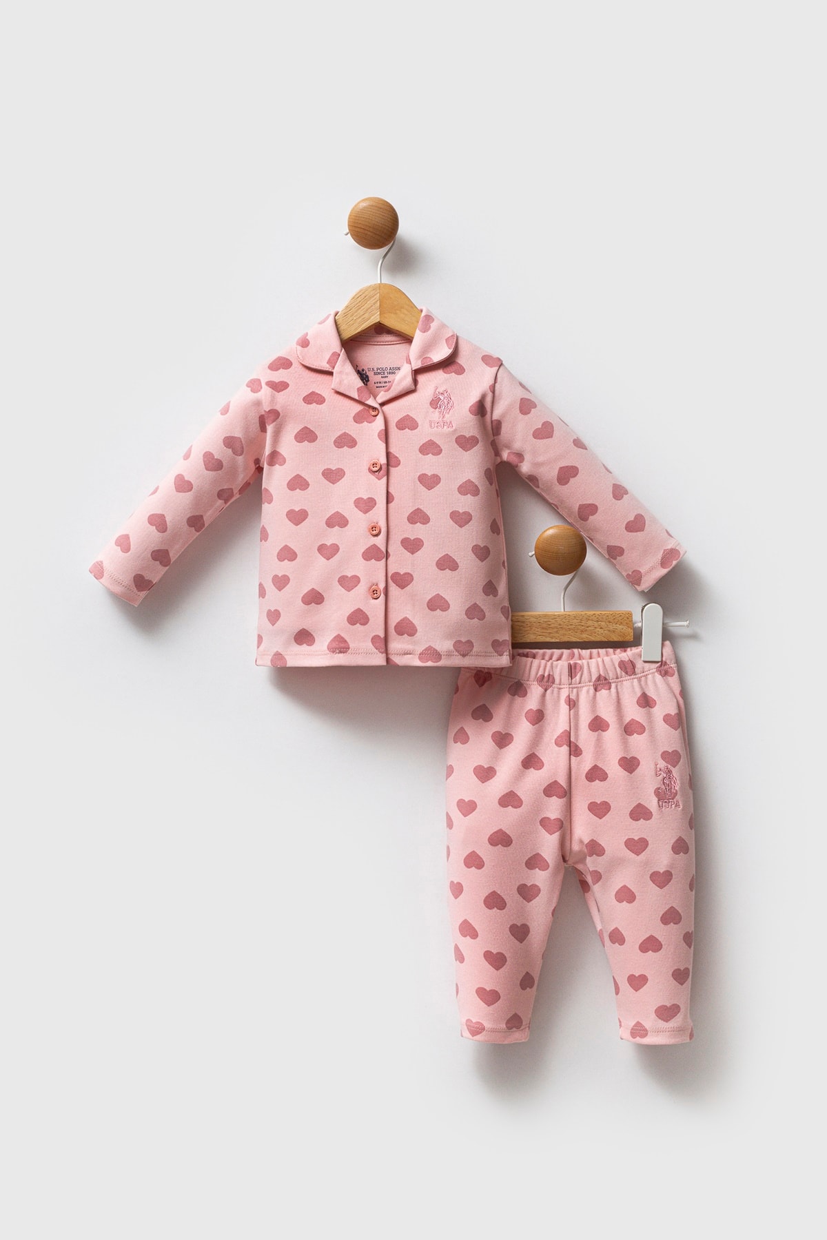 6-36 Ay Kız Bebek US Polo Assn Lisanslı Açık Pembe Kalpli Pijama Takım - Açık Pembe