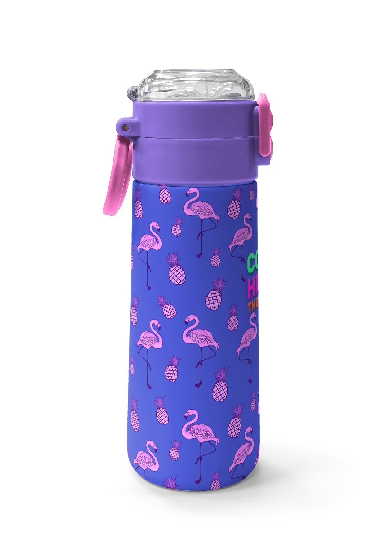 Coral High Kids Lavanta Pembe Flamingo Desenli Pipetli ve Direkt İçim Çelik Termos 500 ml