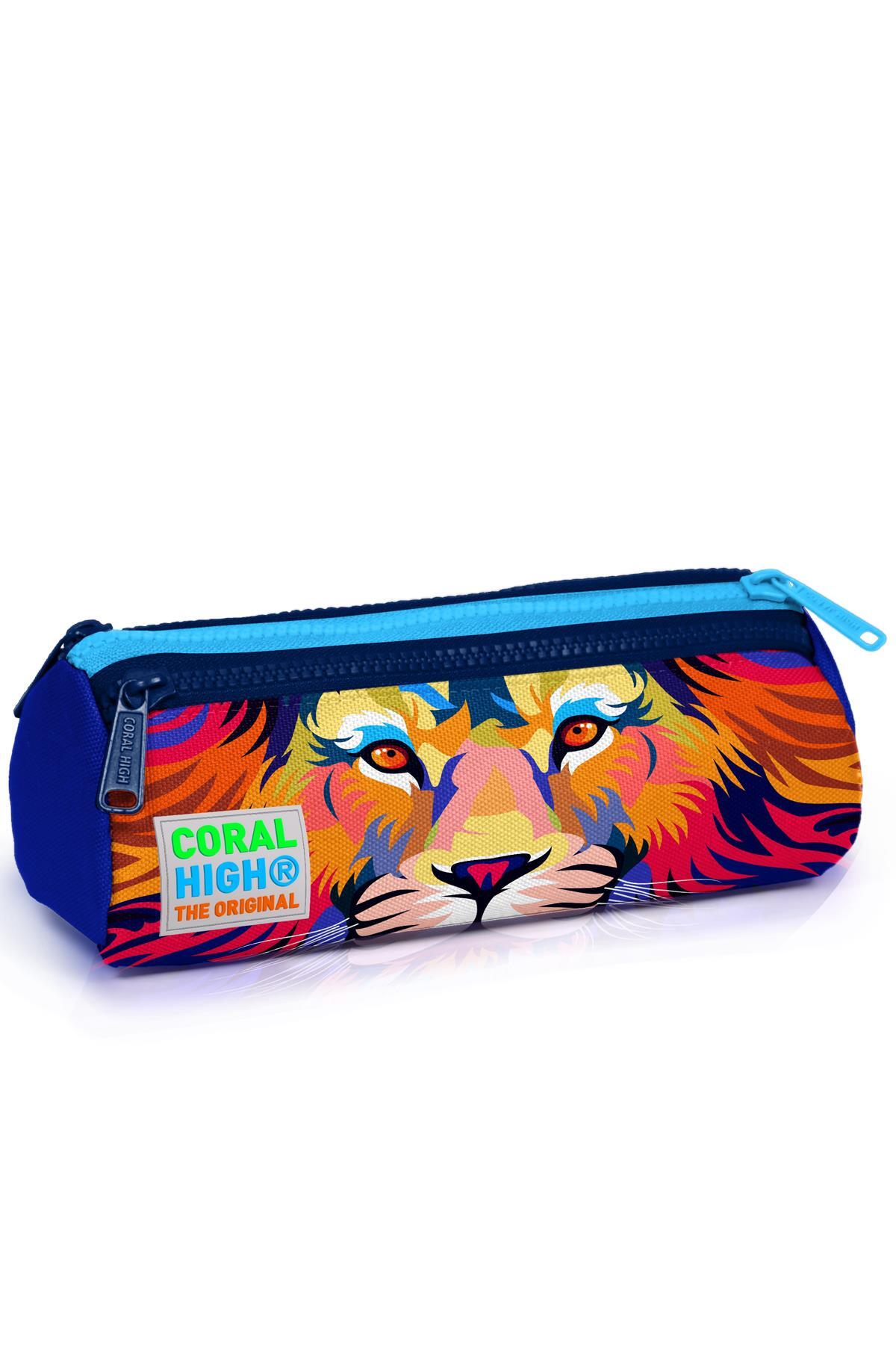 Coral High Kids Lacivert Saks Aslan Desenli Üç Bölmeli Kalem Çantası