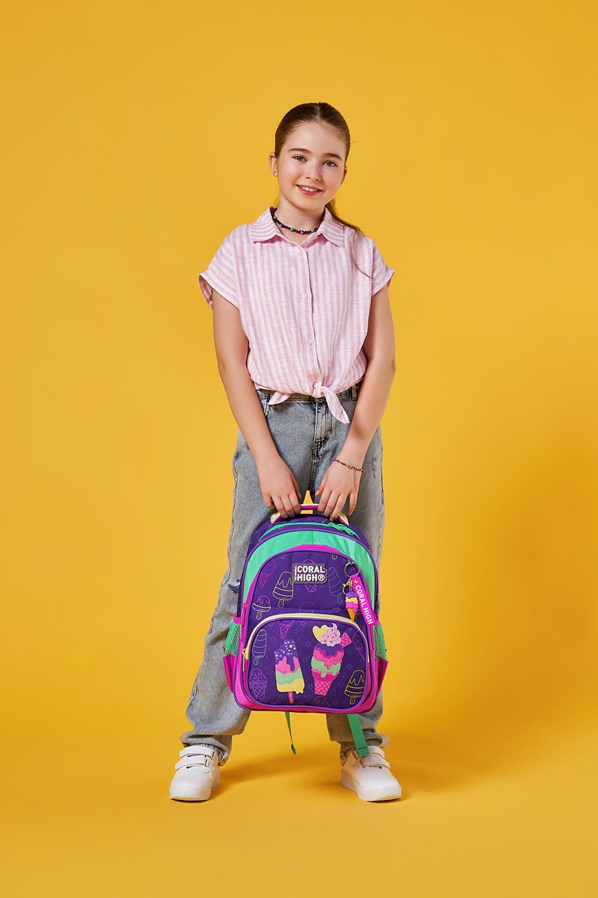 Coral High Kids Mor Pembe Dondurma Desenli Üç Bölmeli Okul Sırt Çantası