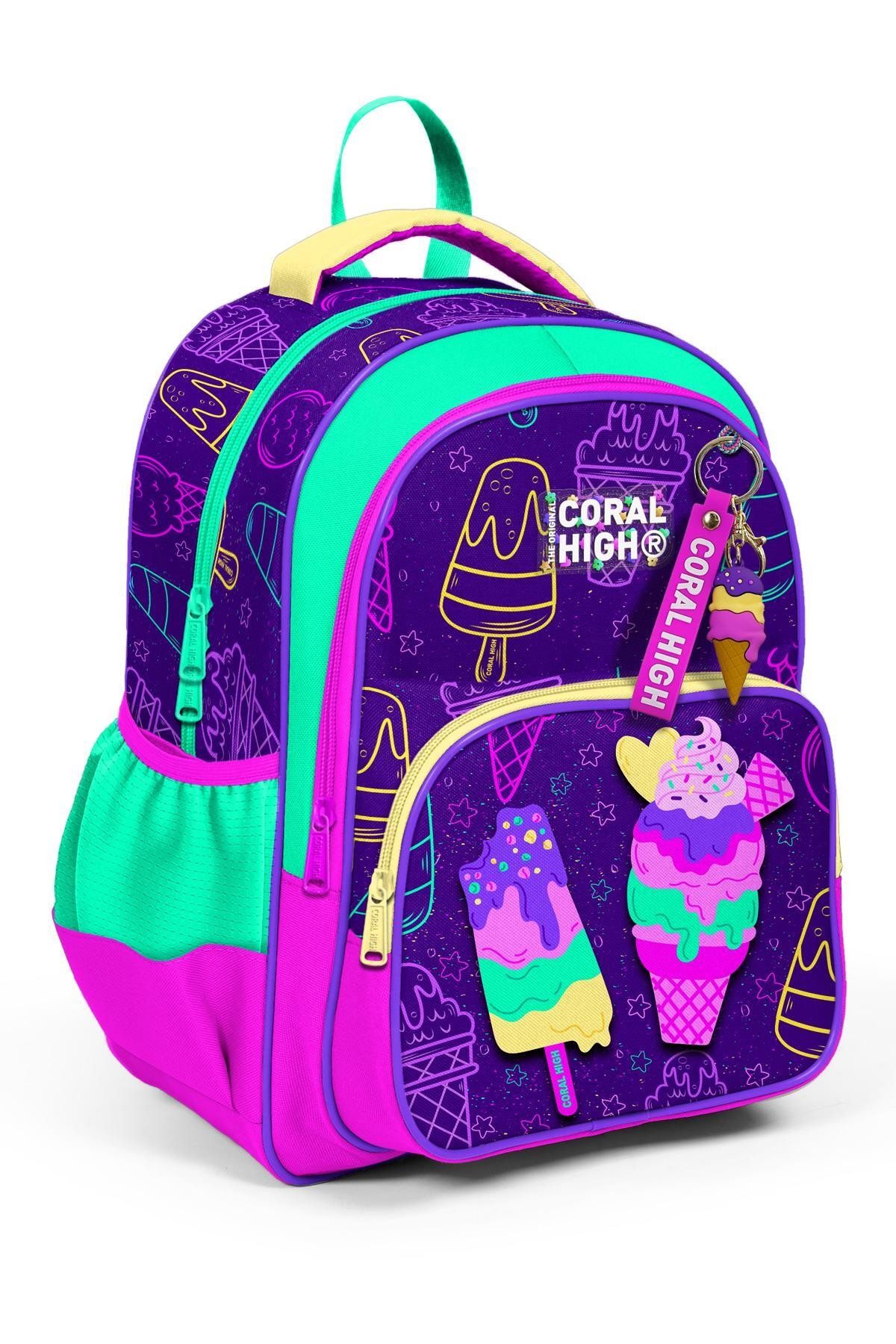 Coral High Kids Mor Pembe Dondurma Desenli Üç Bölmeli Okul Sırt Çantası