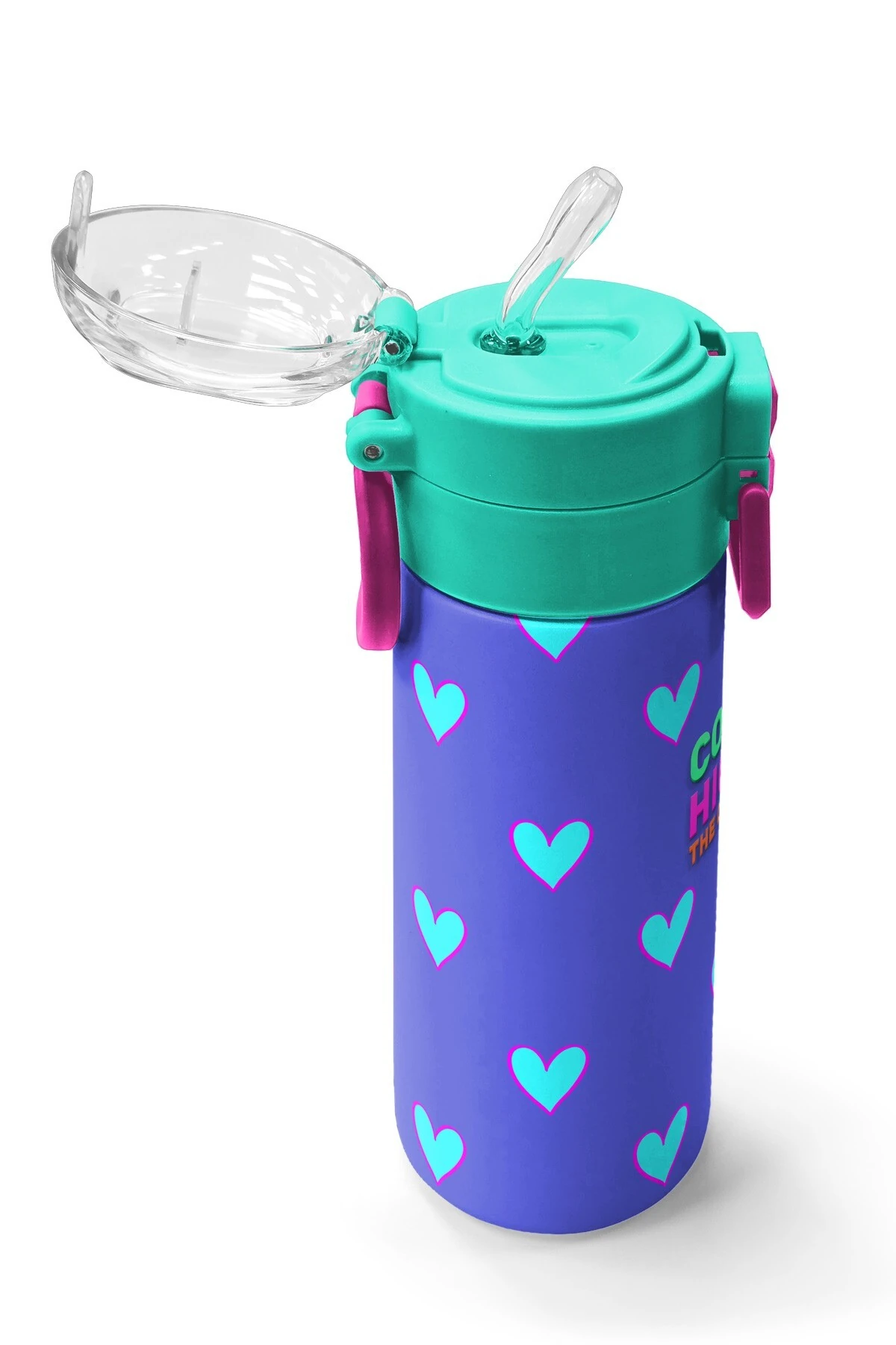 Coral High Kids Lavanta Pembe Kalp Desenli Pipetli ve Direkt İçim Çelik Termos 500 ml