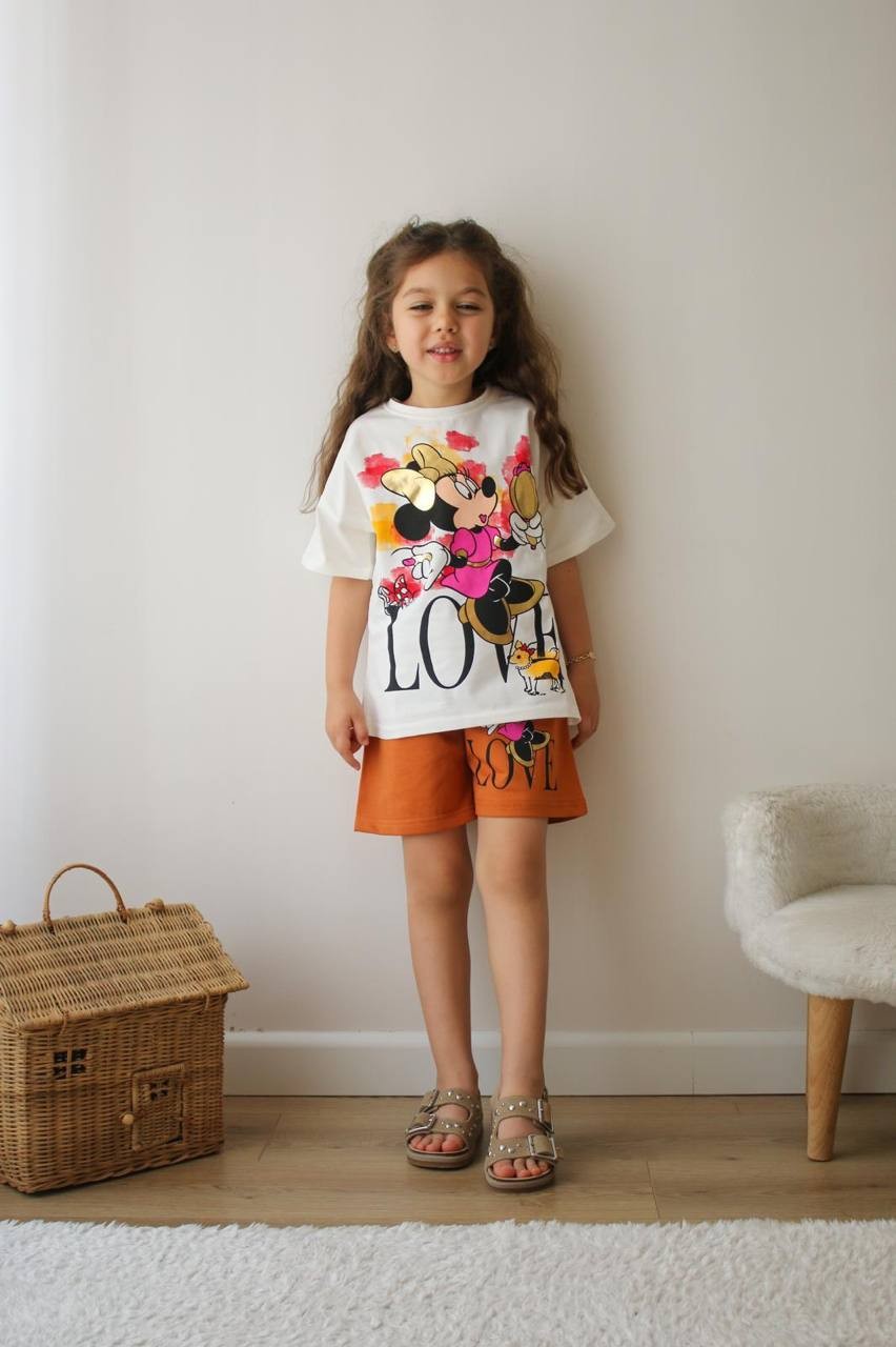 3-10 YAŞ KIZ ÇOCUK MINNIE MOUSE YALDIZLI LOVE ŞORT TAKIM