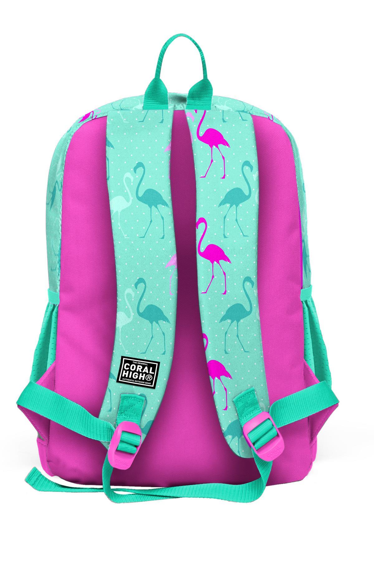 Coral High Kids Su Yeşili Neon Pembe Flamingo Desenli Dört Bölmeli Okul Sırt Çantası